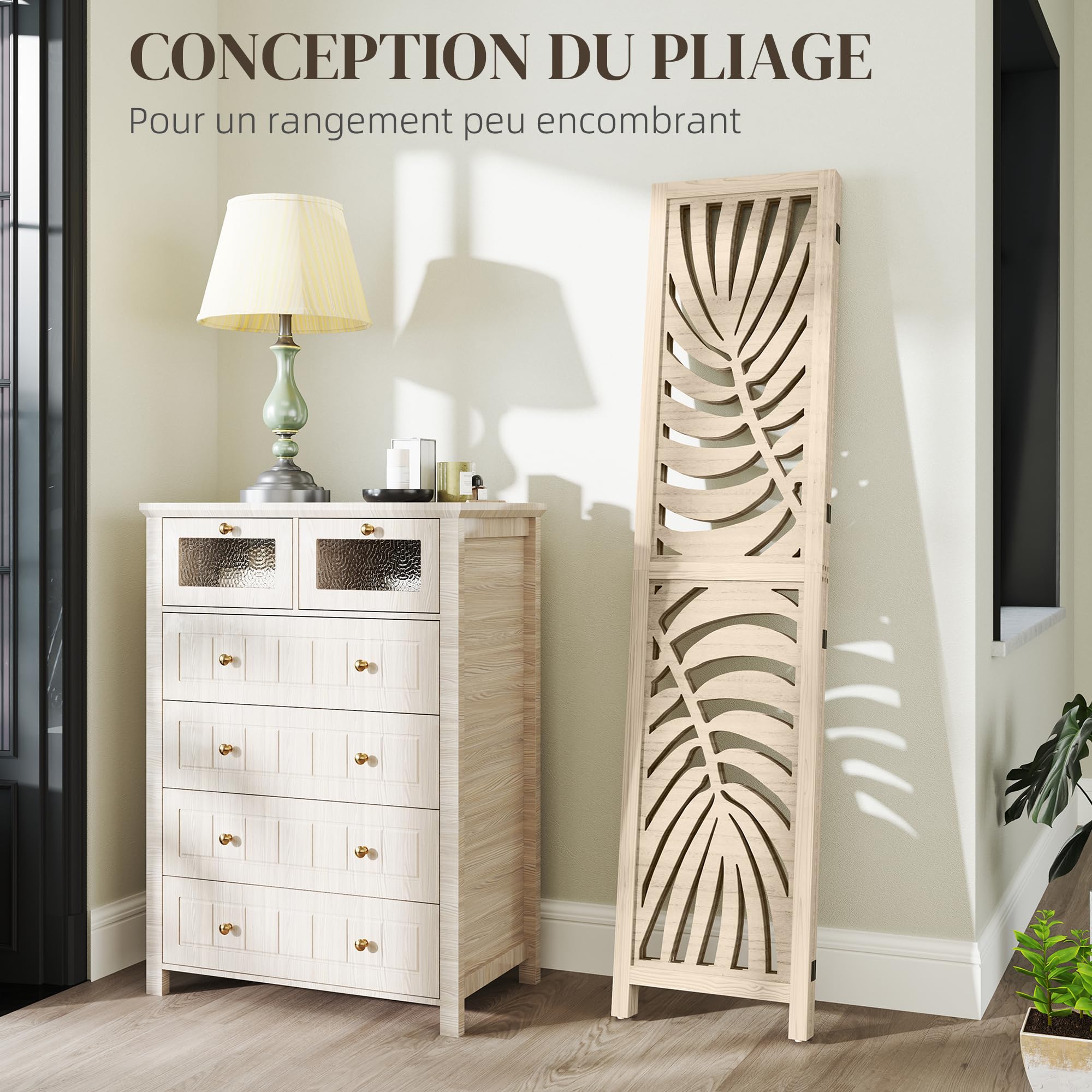 HOMCOM 3-teiliger Raumteiler, klappbar, natürliches Holzfinish | Abnehmbar, tragbarer Sichtschutz, freistehende Trennwandteiler, Palmblatt-Design, Home Office, Schlafzimmer