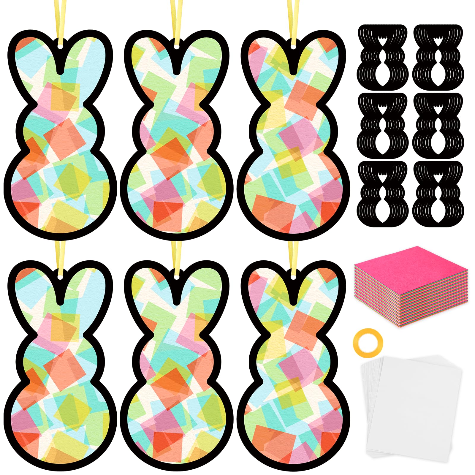 Qyeahkj Juego de 36 atrapasueños de conejo de Pascua, manualidades para niños, conejos coloridos, kit de manualidades de papel de seda, decoración colgante para Pascua, aula, hogar, actividad