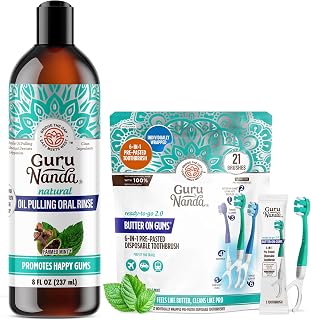 GuruNanda Fresh & Easy Oral Care Bundle – 6-in-1 Ready-to-Go Disposable Toothbrushes (21ct) & CocoMint Oil Pulling Mouthwash for Fresh Smiles Anywhere