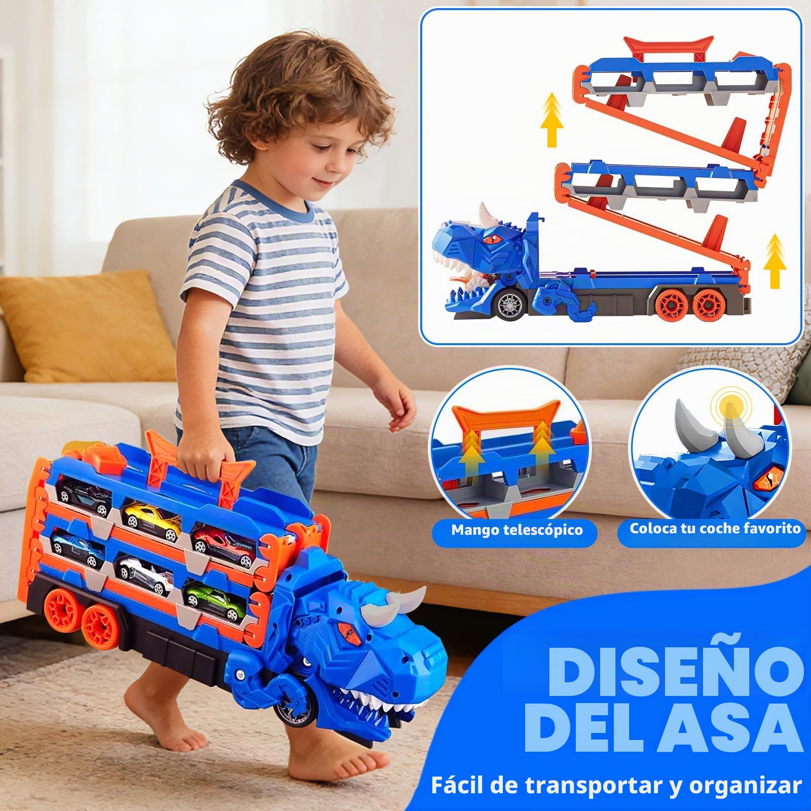 Camión de Transporte de Dinosaurio Juguete para Niños, Juguete 3 en 1 Pista Plegable con Lanzador, Camión Transporte Portátil con 12 Coches de Carreras, Regalo para Niños de 3 4 5 6 7 8 Años