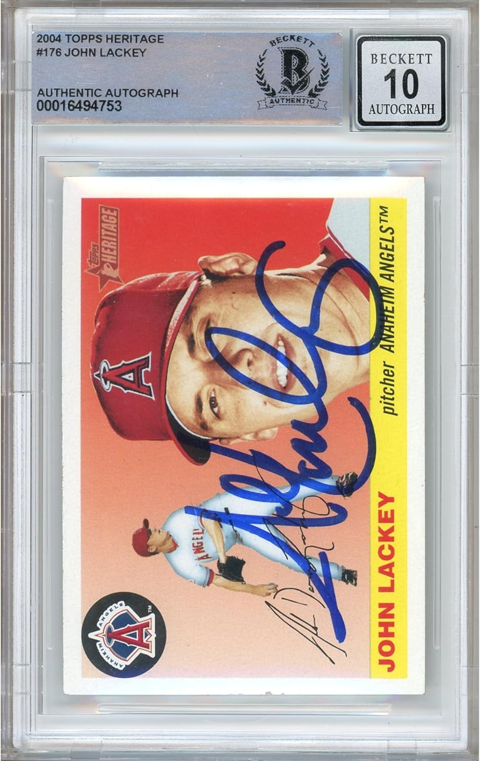 John Lackey Signed 2004 Topps Heritage #176 Baseball Trading Card Beckett BGS Auto 10 Graded BAS Authentic Slabbed COA Played For Anaheim Angels Autograph Memorabilia