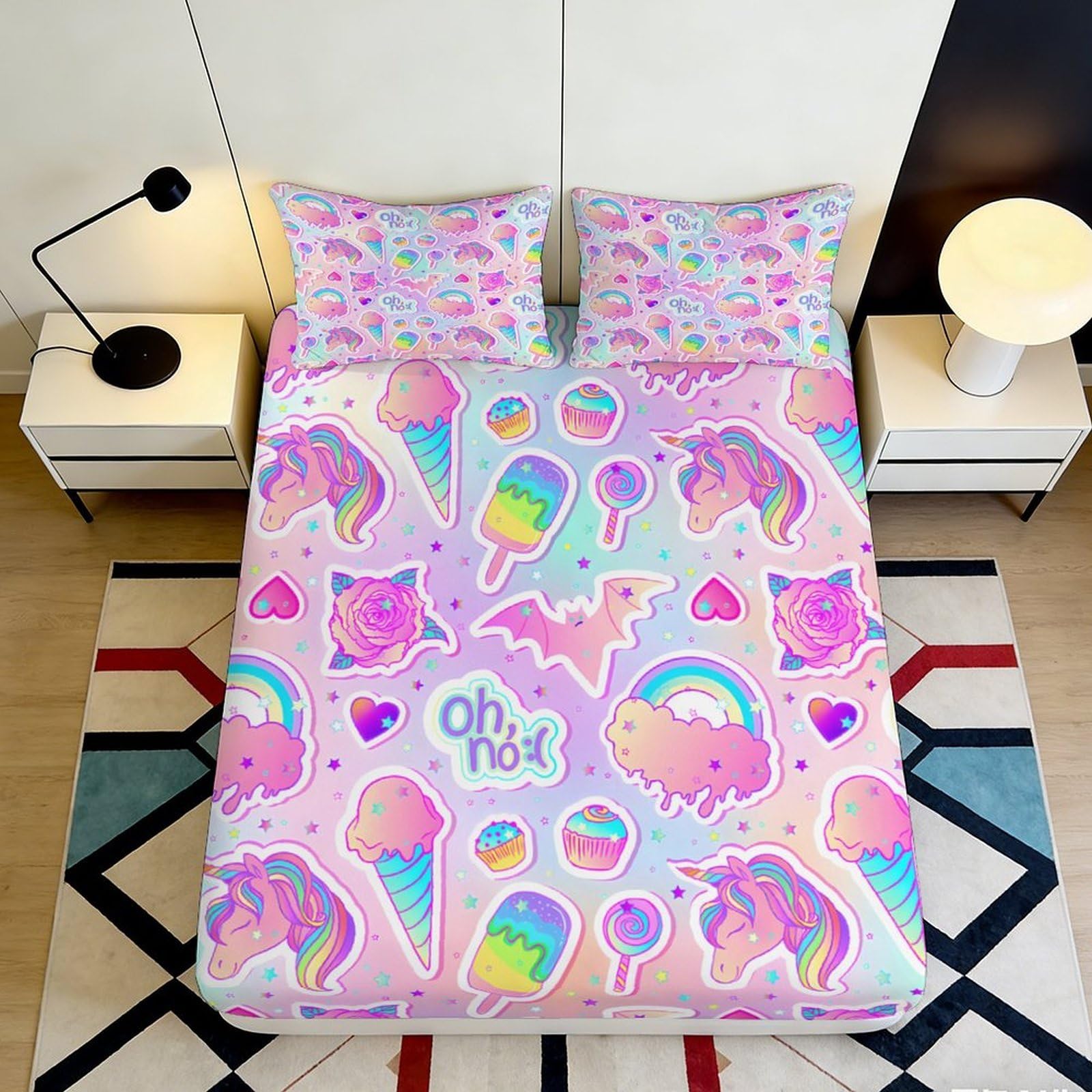3D Printed Unicorn Ice Cream Fitted Sheet Microfiber Pastel Rainbow Bed Cover for Bedroom Dorm Mattress Decor 115 180x200x25cm