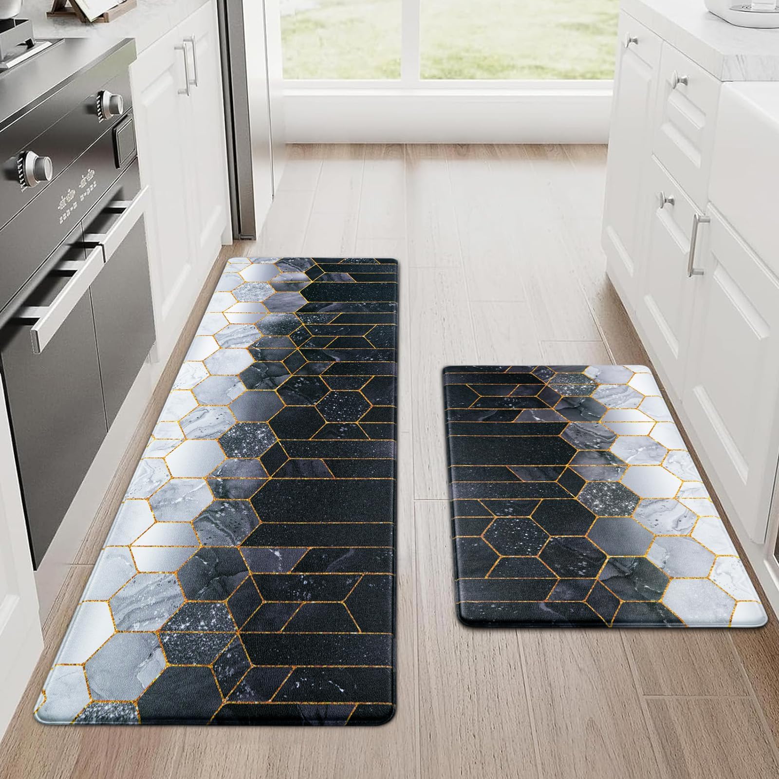 Alishomtll PVC Kitchen Rugs, 2 Piece Waterproof Non-slip Anti-Fatigue Kitchen Mats, Stain-Resistant Kitchen Runner Washable Standing Mats for Kitchen Floor Home Office 44x75+44x120cm, Black