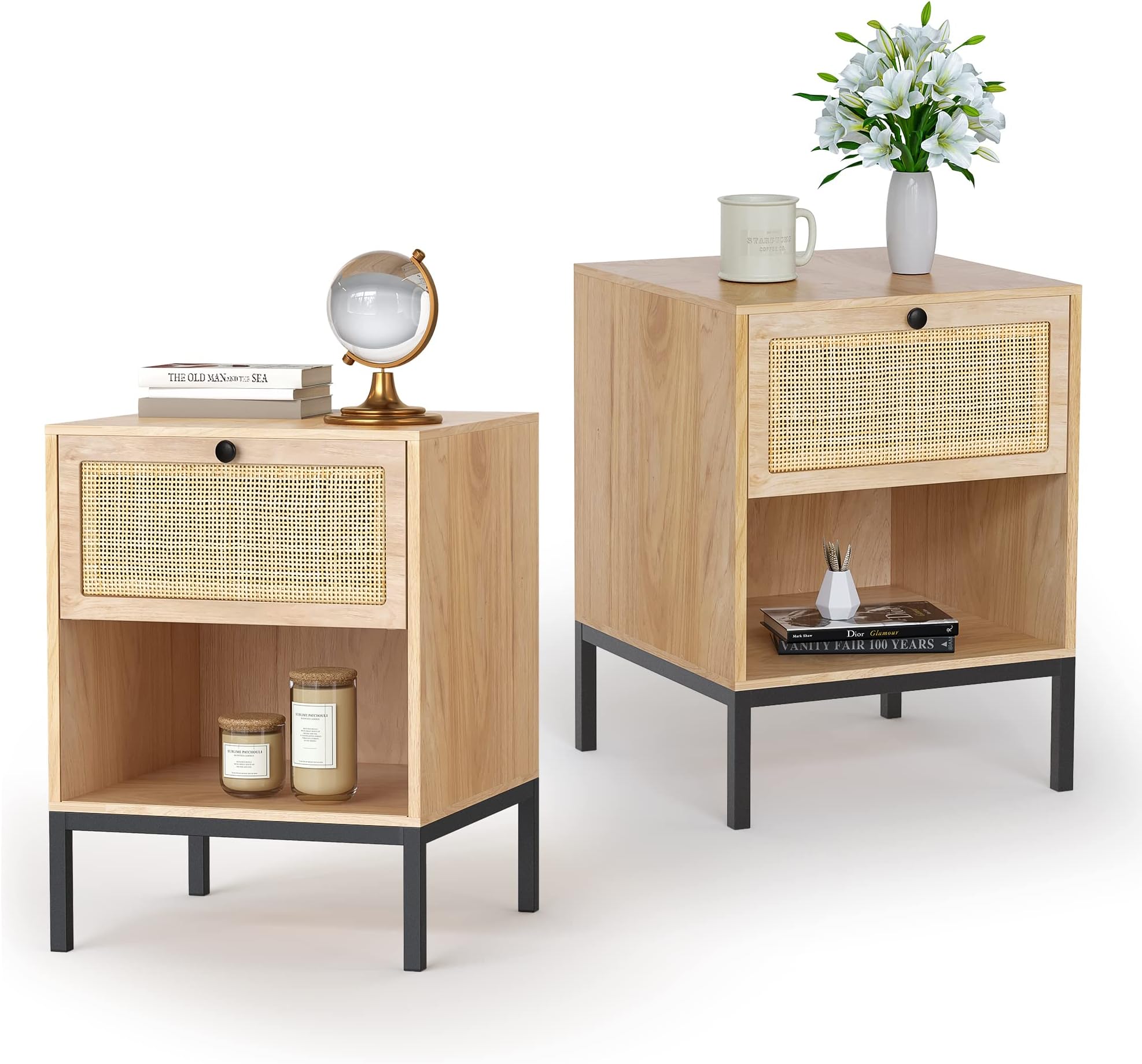Yechen Set of 2 Rattan Nightstands with Drawer & Open Shelf, Boho Bedside Table with Natural Cane, Wood End Table with Metal Legs for Bedroom, Small Spaces, Natural Oak