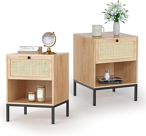 Miniatura 10 de Yechen Mesita de noche con cajones de ratán natural hechos a mano, mesa auxiliar de cama y mesa auxiliar con almacenamiento, para sala de estar,