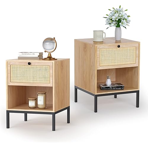 Yechen Rattan Nightstand Set of 2, Boho Bedside Table with Natural Rattan Decorated Drawers and Open Shelf, Small Farmhouse Night Stand for Bedroom,Natural, Metal Legs