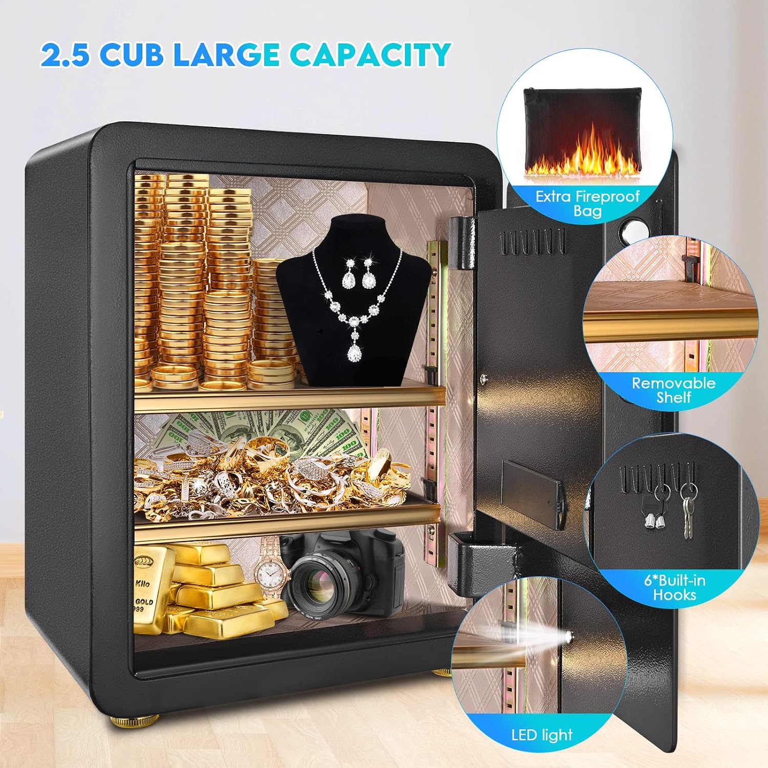 Diosmio 2.5 Cub Fingerprint Home Safe Box Fireproof Waterproof with Keylock and Digital Keypad for Money Cash Gun