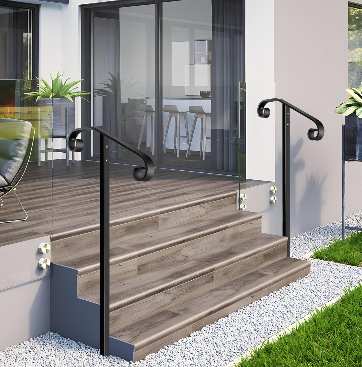 Handrail Railing, In-Ground Single Post Handrail, Wrought Iron Stair Handrail Grab Rail for Steps Porch, Long Post Fits 1 or 2 Steps, Black