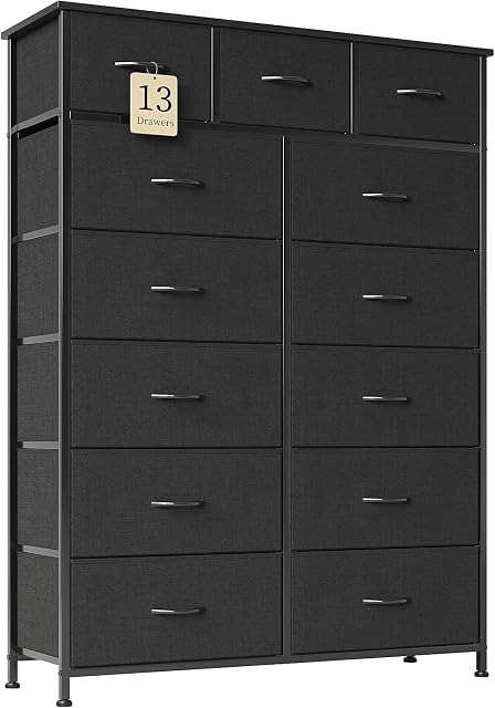 COTUBLR 13 Dressing pour chambre, Tall Chest of Drawers, Dresser en tissu avec plateau en bois & Cadre en acier, Unité d'organisateur de rangement avec des bacs en tissu pour chambre à coucher, Salon, Hallway, Noir