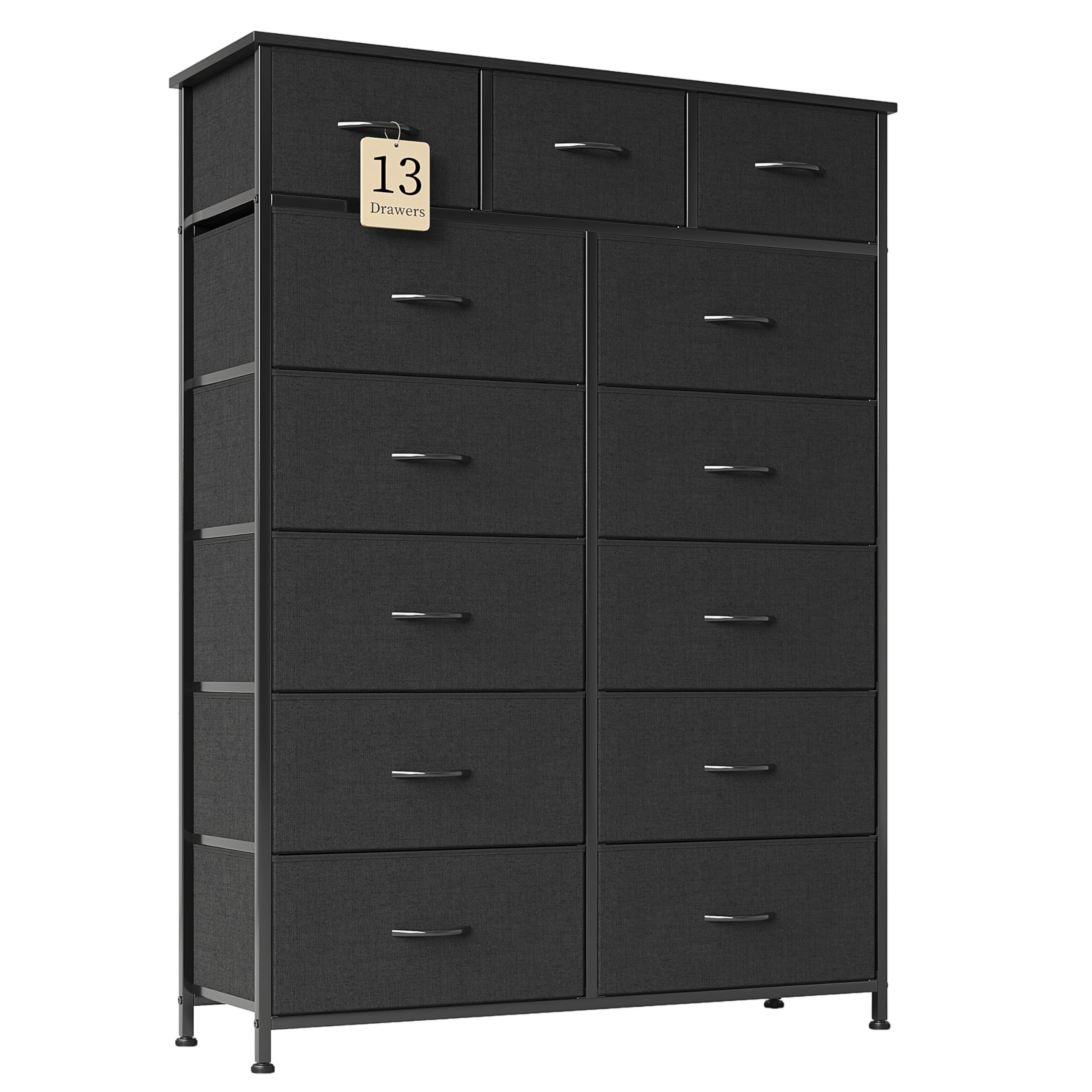 COTUBLR 13 Drawer Dresser for Bedroom, Tall Chest of Drawers, Fabric Dresser with Wooden Top & Steel Frame, Storage Organizer Unit with Fabric Bins for Bedroom, Living Room, Hallway, Black