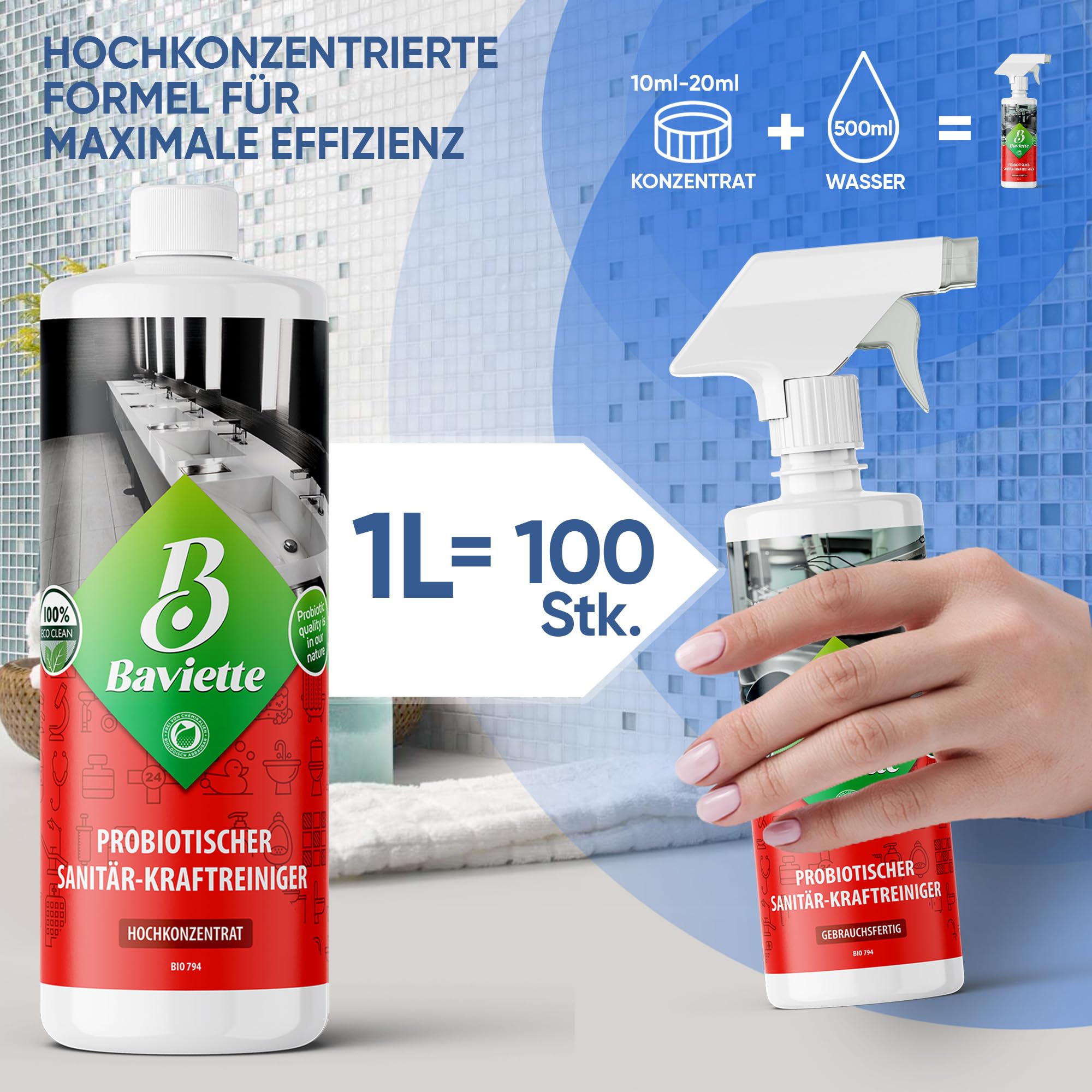 Baviette ProBio Clean – Limpiador de fuerza biológico con fórmula probiótica para limpieza profesional en la práctica, laboratorio y grandes empresas (limpiador potente de 1 litro)