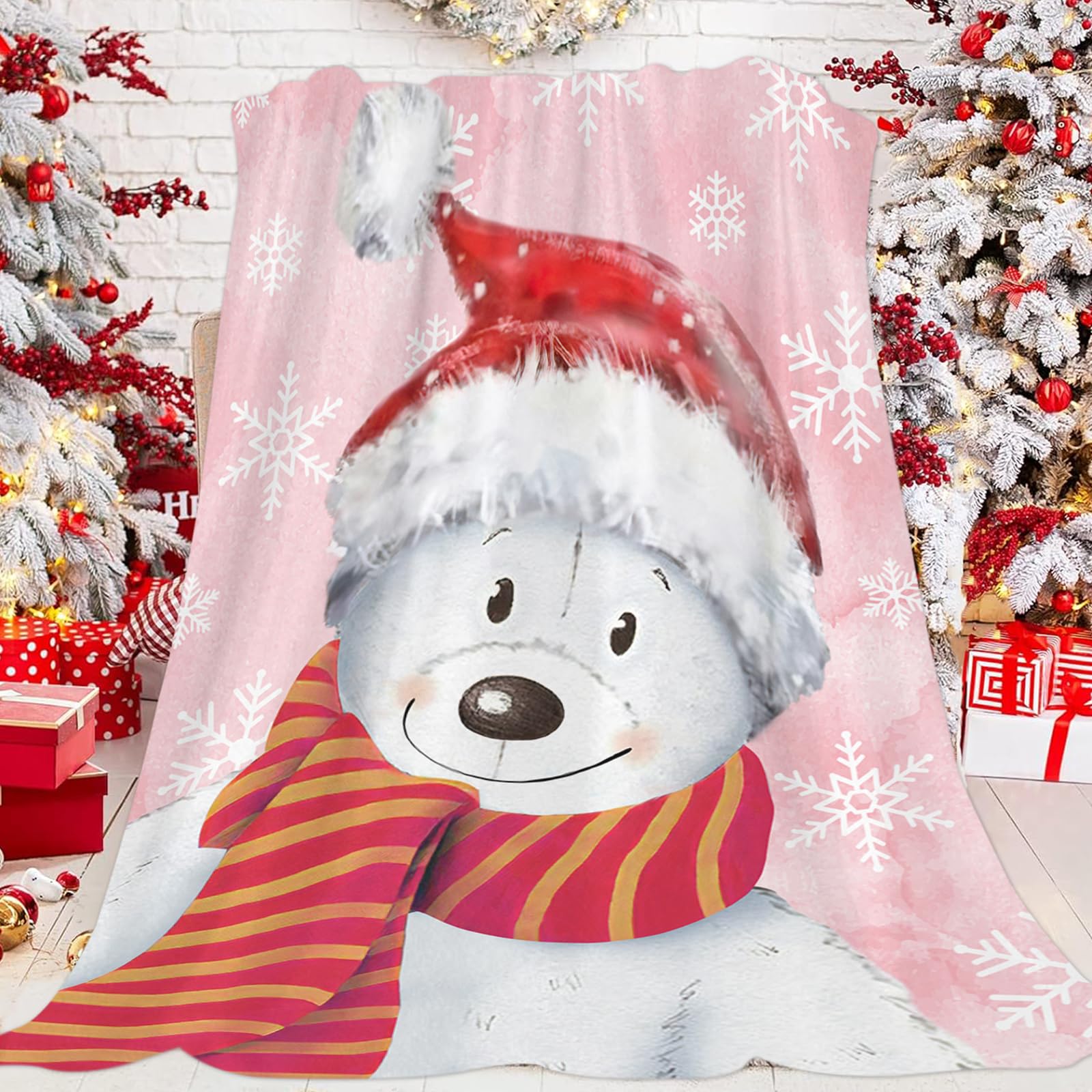 JOOCAR Christmas Bear Throw Blanket Polar Bear Pink Blanket Winter Festival Gift Cozy Soft Lightweight Flannel Plush Blankets for Bed Couch Living Room Sofa Chair,40x50 Inch