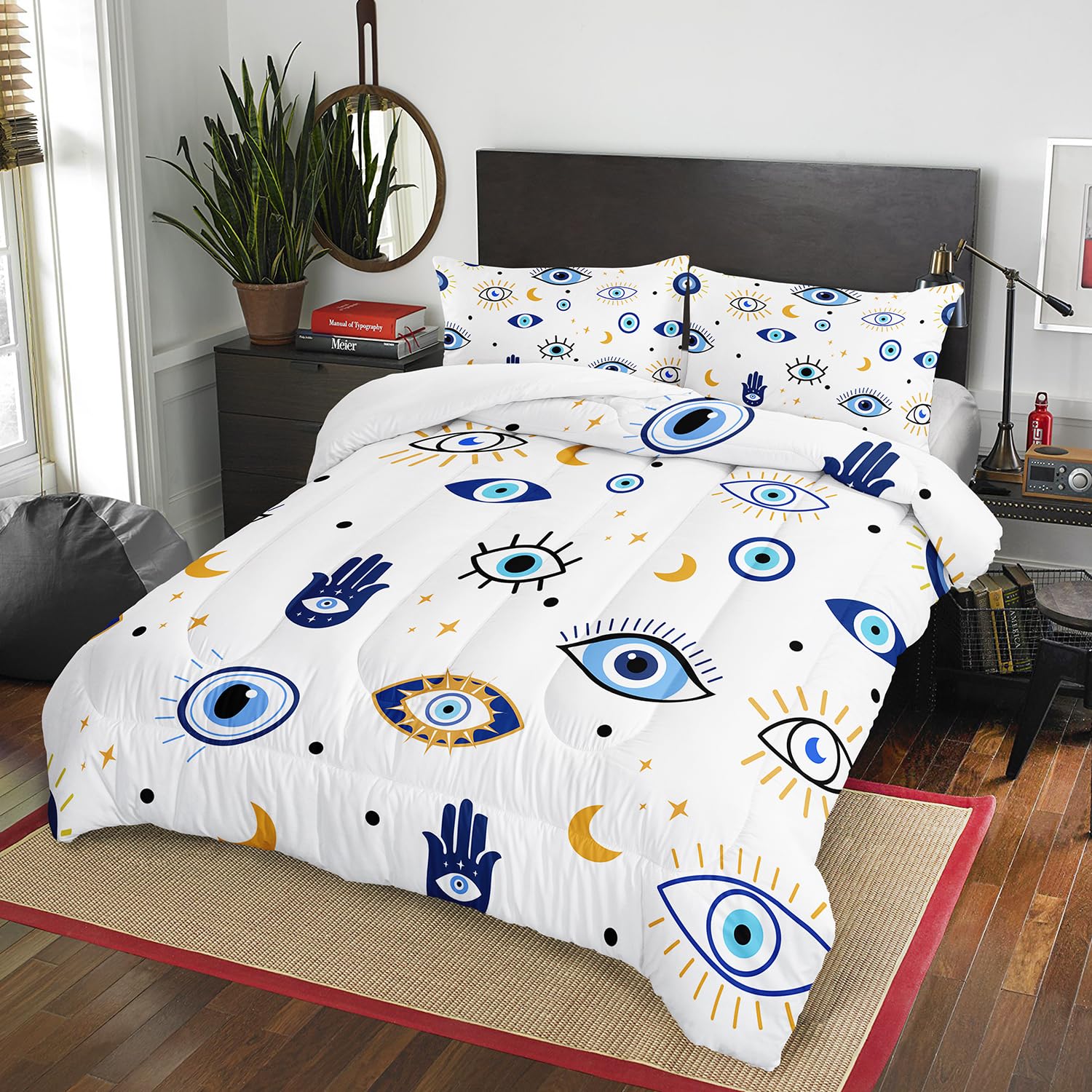 AILONEN Evil Eye Comforter Set Queen Size, Modern Evil Eye Bed in a Bag for Kids Girl,Beautiful Boho Style Bedding Set,3 PCS,1 Quilt and 2 Pillowcases,All Season,Ultra Soft