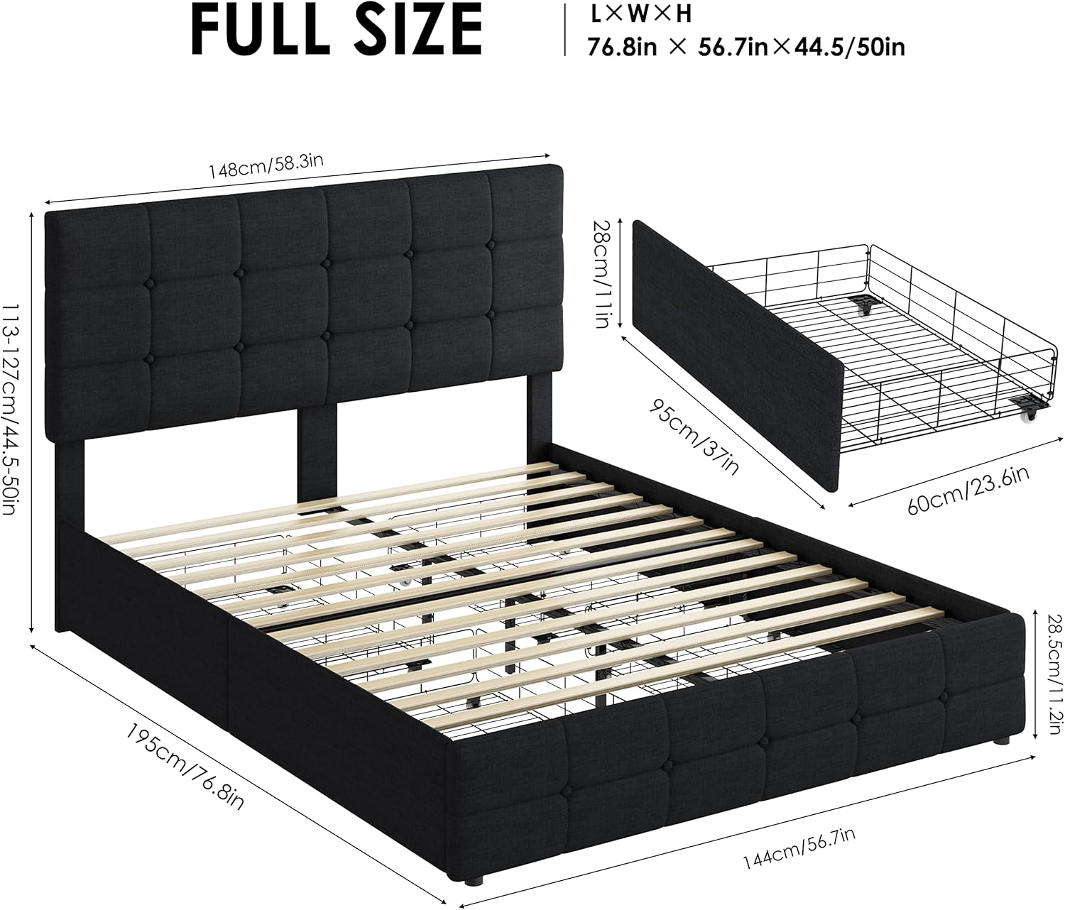Dimensions of Keyluv Full Size Bed Frame with Storage