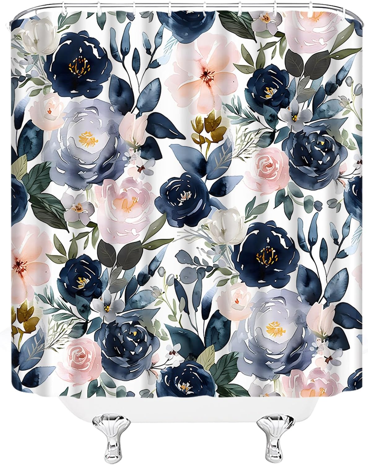 Sunhe Vintage Flower Shower Curtain Pink and Navy Blue Watercolor Floral Plant Modern Abstract Ink Retro Fabric Bathroom Decor Curtain with Hooks,70X70(WXH) Inches