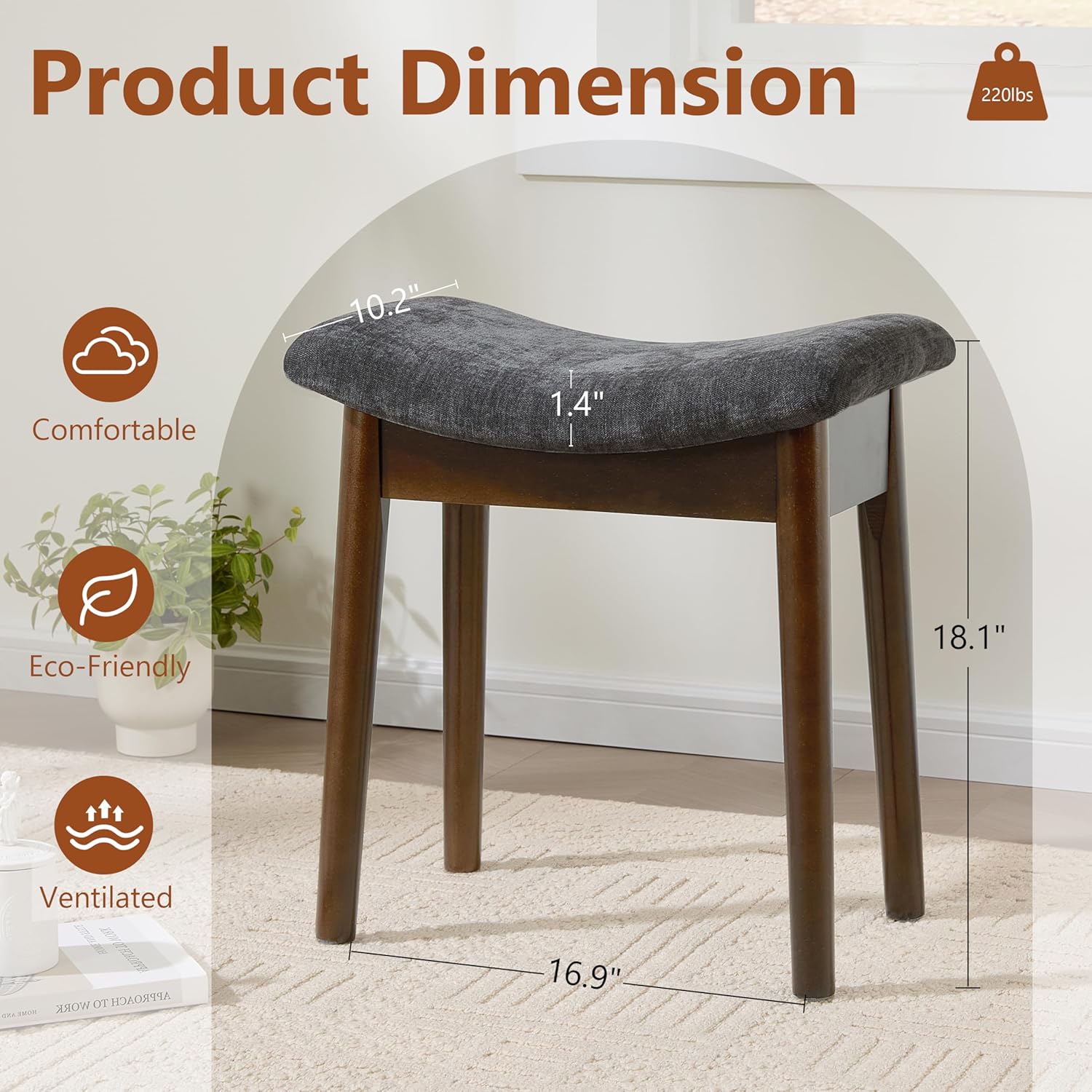 Royal Windsor Vanity Stool with Saddle Cushion, 18 Inch Makeup Vanity Chair for Living Room, Modern Foot Stool Ottoman Piano Bench,Small Upholstered Bench for Bedroom, Dark Grey