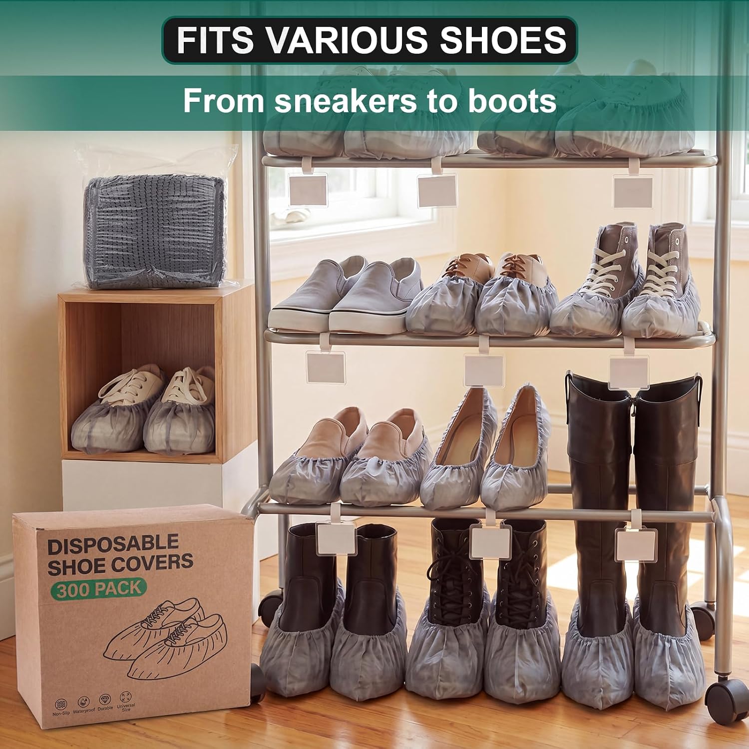 Unittype 300 Pack Disposable Booties Shoe Covers Non-slip Stretchy Shoe Covers Soft Non-scratch Booties Universal Fits Men Us 6-13 Women Us 4-14 for Real Estate, Home Renovation, Indoor Use