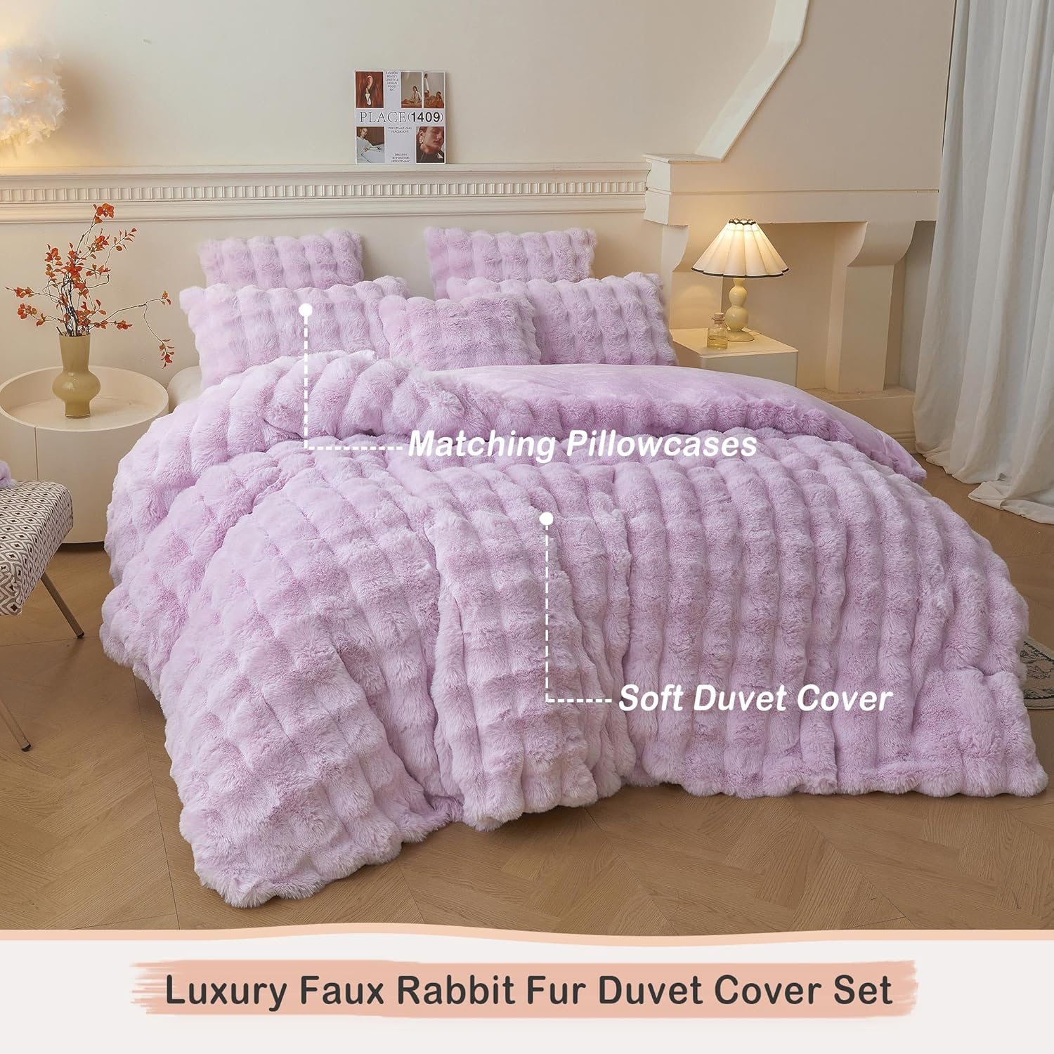 LIFEREVO Fluffy Faux Rabbit Fur Duvet Cover Set, Cute Plush Shaggy Bubble Light Purple Bedding Set Adult Girl Kids Teens, 1 Fuzzy Bed Comforter Cover with Zipper + 2 Furry Pillowcases, Lavender, Queen - Image 2