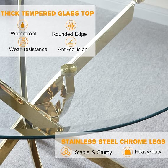 36 Round Glass Dining Table for 2-4, Modern Clear Circle Dining Kitchen Table with Tempered Glass Top & Gold Stainless Steel Legs, Small Round Glass Dining Room Table Coffee Table