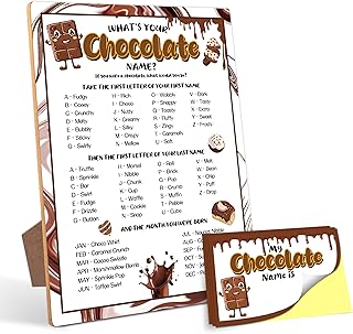 Chocolate Party Decor, What is Your Chocolate Name Game,30 Stickers, Perfect for Birthday Party Activities 6×8 Wooden Play Sign with Stand