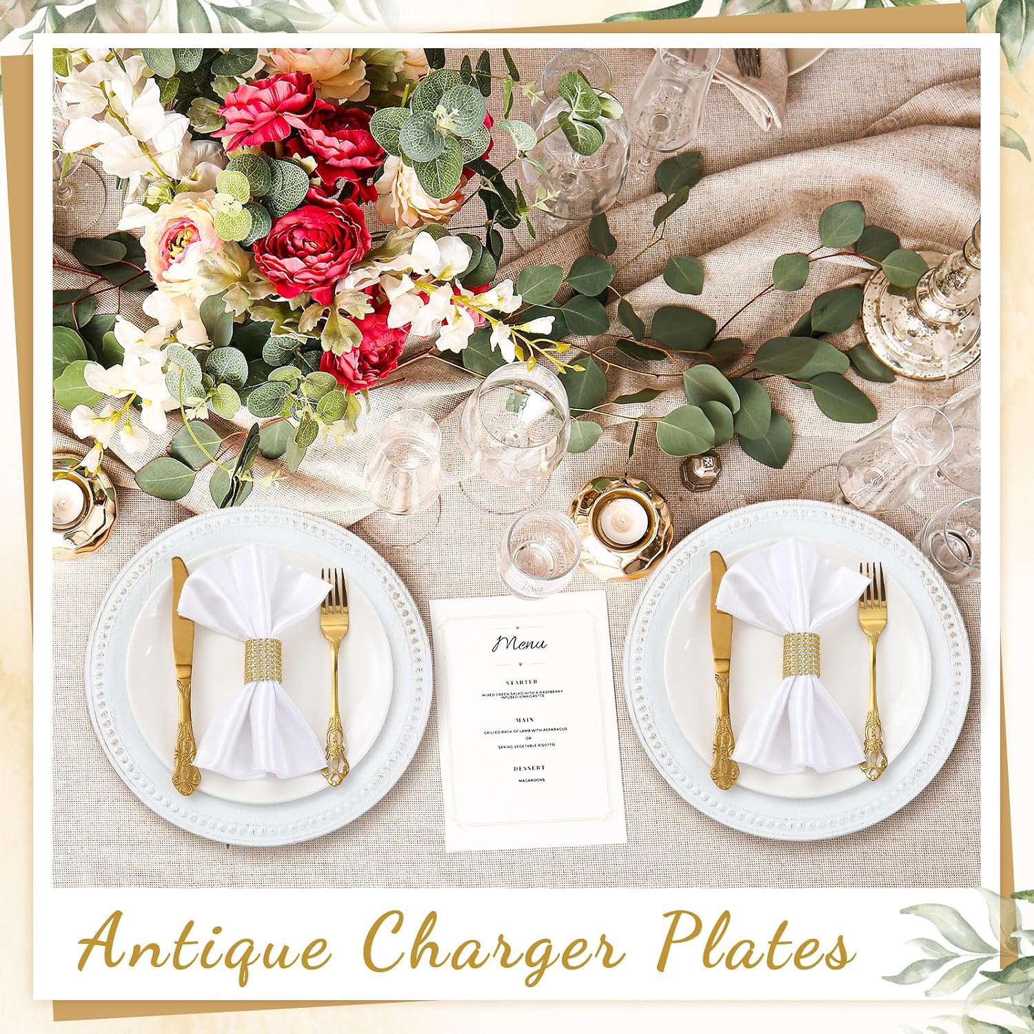 12 Pcs 13" Vintage White Charger Plates Round Beaded Chargers Bulk for Dinner Plates Serving for 12 Guest for Antique Wedding Holiday Party Bridal Shower Event Dinner Table Setting Decoration