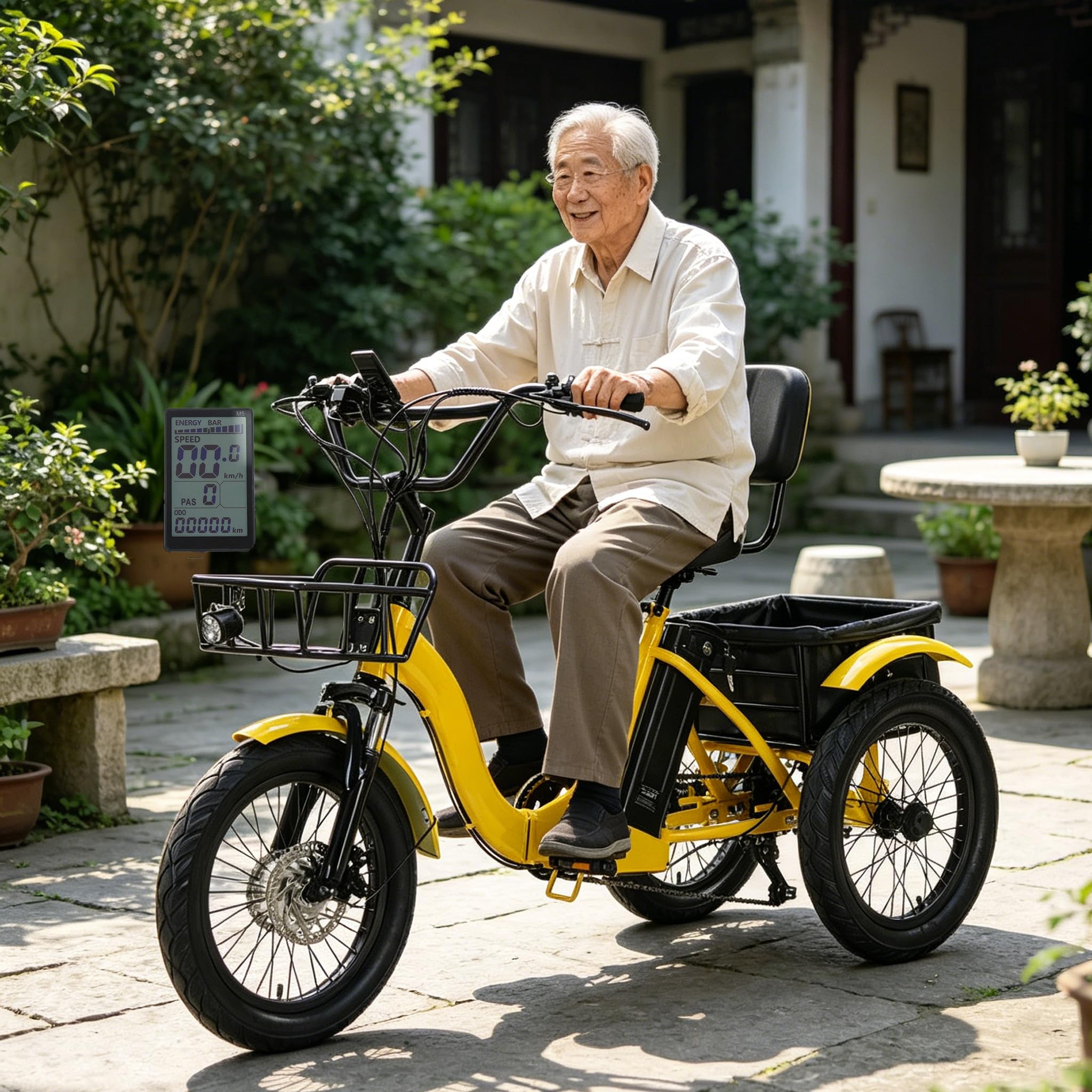 18" Foldable Electric Tricycle, 7-Speed 48V 13Ah Fat Wheel E Trike Electric Bike with Cargo Basket, 45km Range, Lcd Display, Horn, Led Headlight, Easy Climbing, for Seniors/Commuting/Shopping Yellow