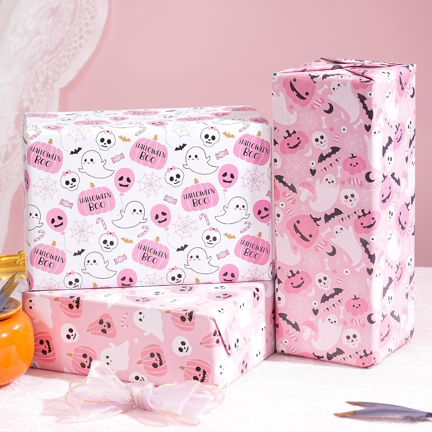 Ulmasinn Pink Halloween Wrapping Paper - Kawaii Spooky - Sweet Gift Wrap with Ghosts, Bats & Watercolor Pumpkins - 20x29-8 Sheets for Gift Bags & Party Favors image 4