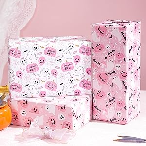Ulmasinn Pink Halloween Wrapping Paper - Kawaii Spooky - Sweet Gift Wrap with Ghosts, Bats & Watercolor Pumpkins - 20x29-8 Sheets for Gift Bags & Party Favors