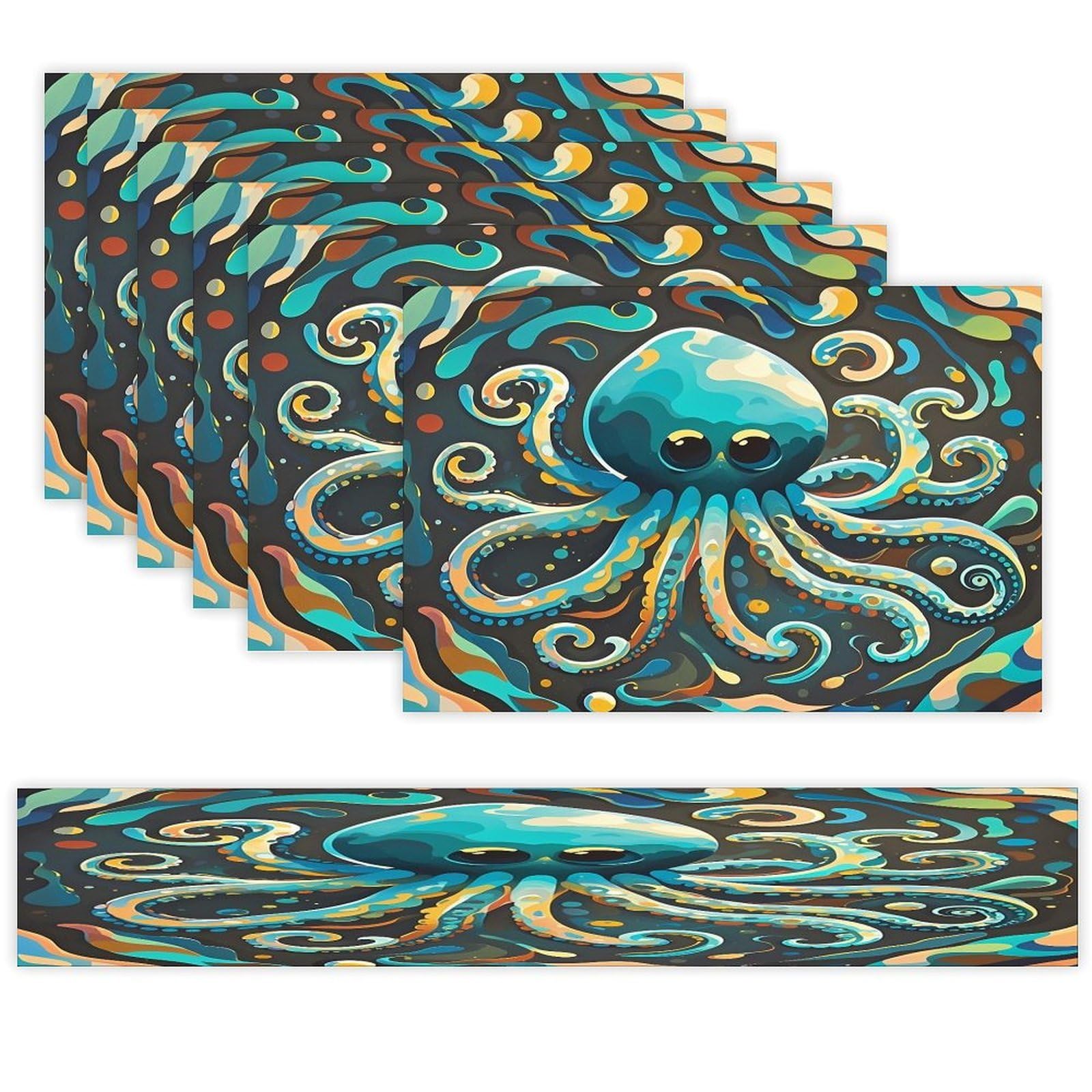 Abstract Octopus Table Runner and Placemats Set of 6 Heat Resistant Washable Table Runners Dining Mat Sets Modern Cloth Place Mats Linen Table Decor for Kitchen Dining Room