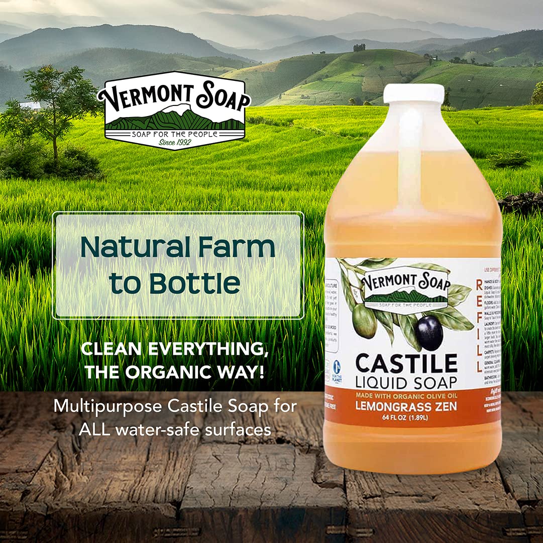 Vermont Castile Lemongrass Zen Soap, Gentle Liquid Soap for Sensitive Skin & Natural Body Wash, Organic Hair Shampoo for Oily Hair, Aloe Castile Soap for Men & Women - 64 Oz