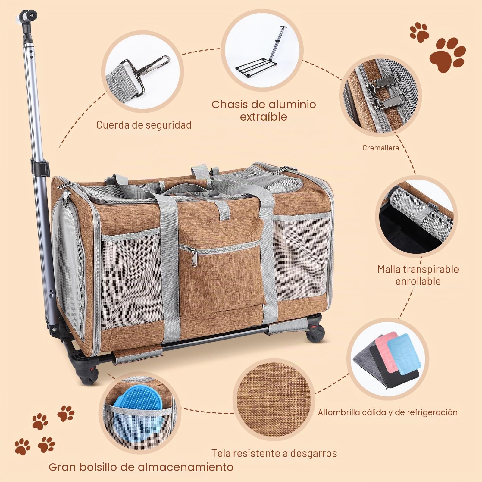 Transportín para gatos con ruedas para 2 gatos, plegable con ruedas para 2 gatos y perros pequeños, transpirable, perfecto para viajes, senderismo, camping, visitas veterinarias, color marrón