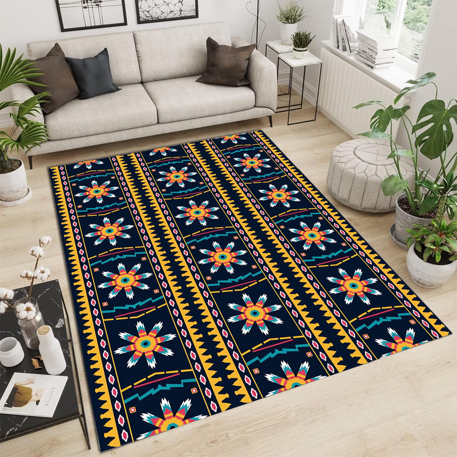 Tapis jaune salon 150x210 cm lavable et antidérapant à motifs géométriques