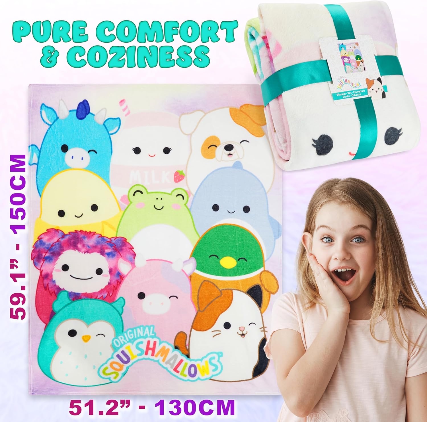 Get Trend Squishmallows Fleece Throw Blanket, Soft Cozy 59 x 51 Inch, Lightweight, Fluffy Bedding Couch Bed Sofa Decor, Gifts for Kids (Multi Squishmallows)