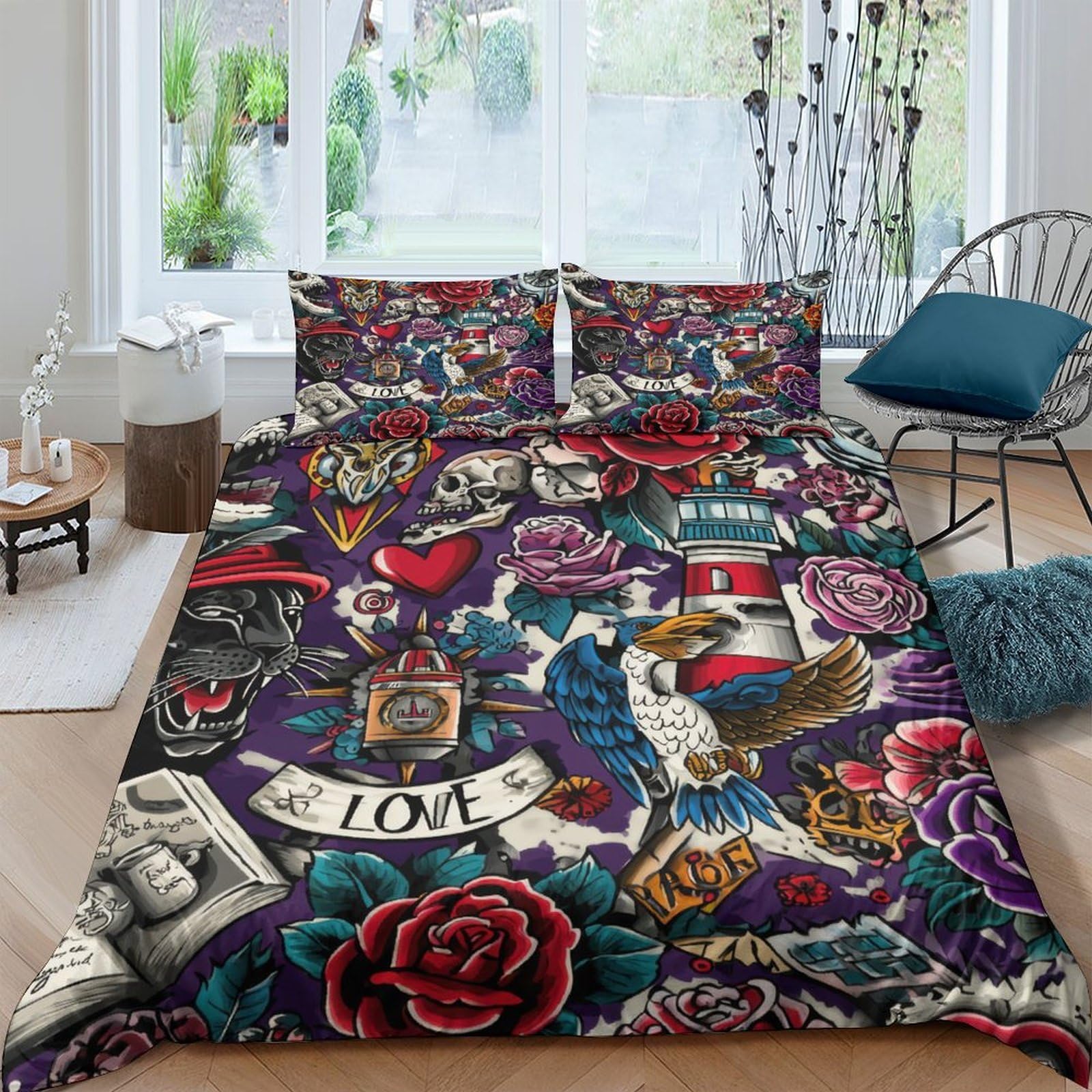 Ctjqhvkz Style-4 3D Printed Tattoo Art Fitted Sheet Microfiber Soft Breathable Skull Rose Bed Cover For Bedroom Dorm Decor Single（135X200cm）