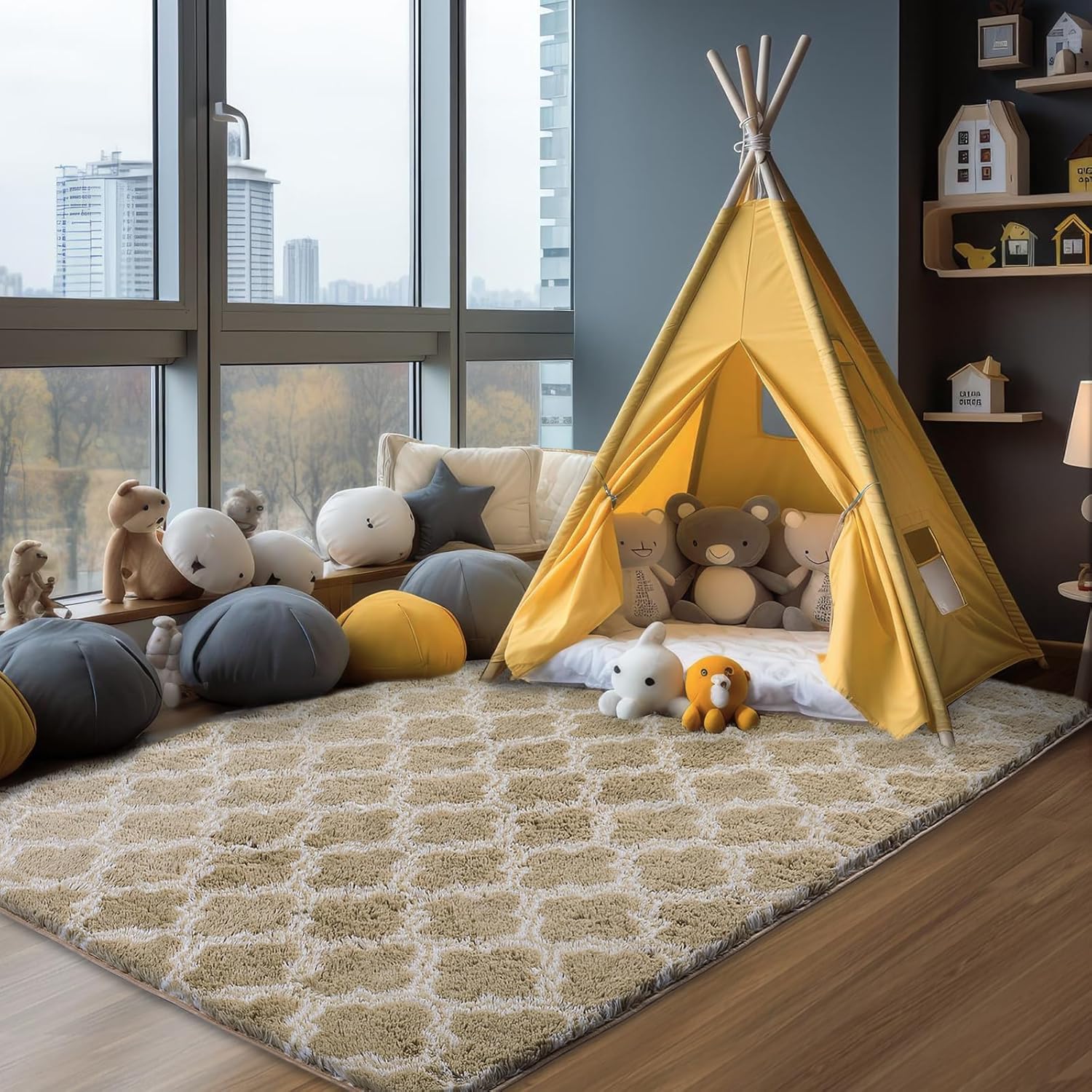 Puremy Plush Area Rug 4x6 Feet High Pile Rugs for Living Room, Ultra Soft Indoor Carpet for Bedroom, Kids Room, Playroom, Home Decor, Geometric, Beige/White