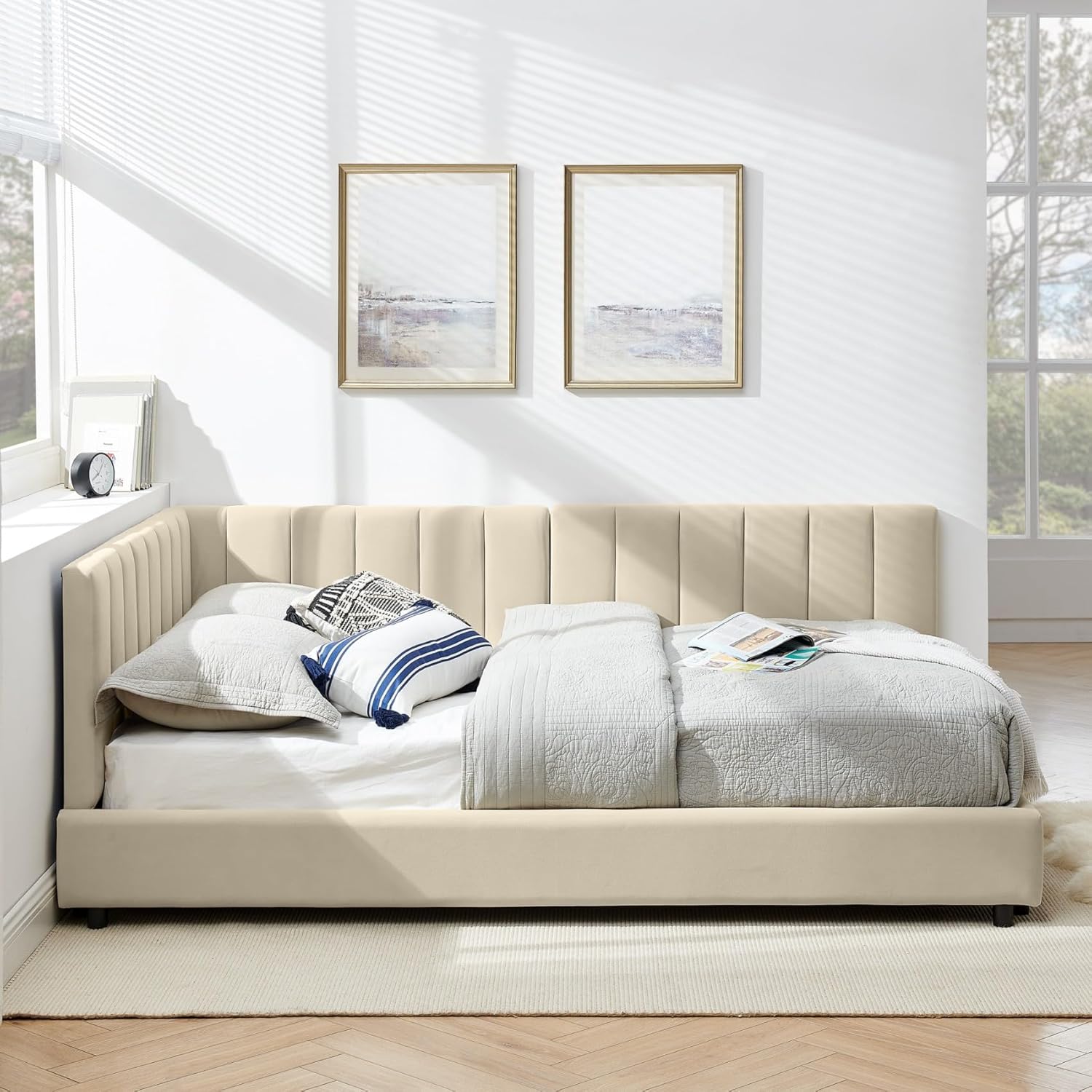 KEIKI Full Size L Shape Corner Velvet Bed Frames with Backrest and Armrests, Upholstered Tufted Sofa Daybed for Small Room, Living Room, Bedroom, Guest Room, Kids' Room