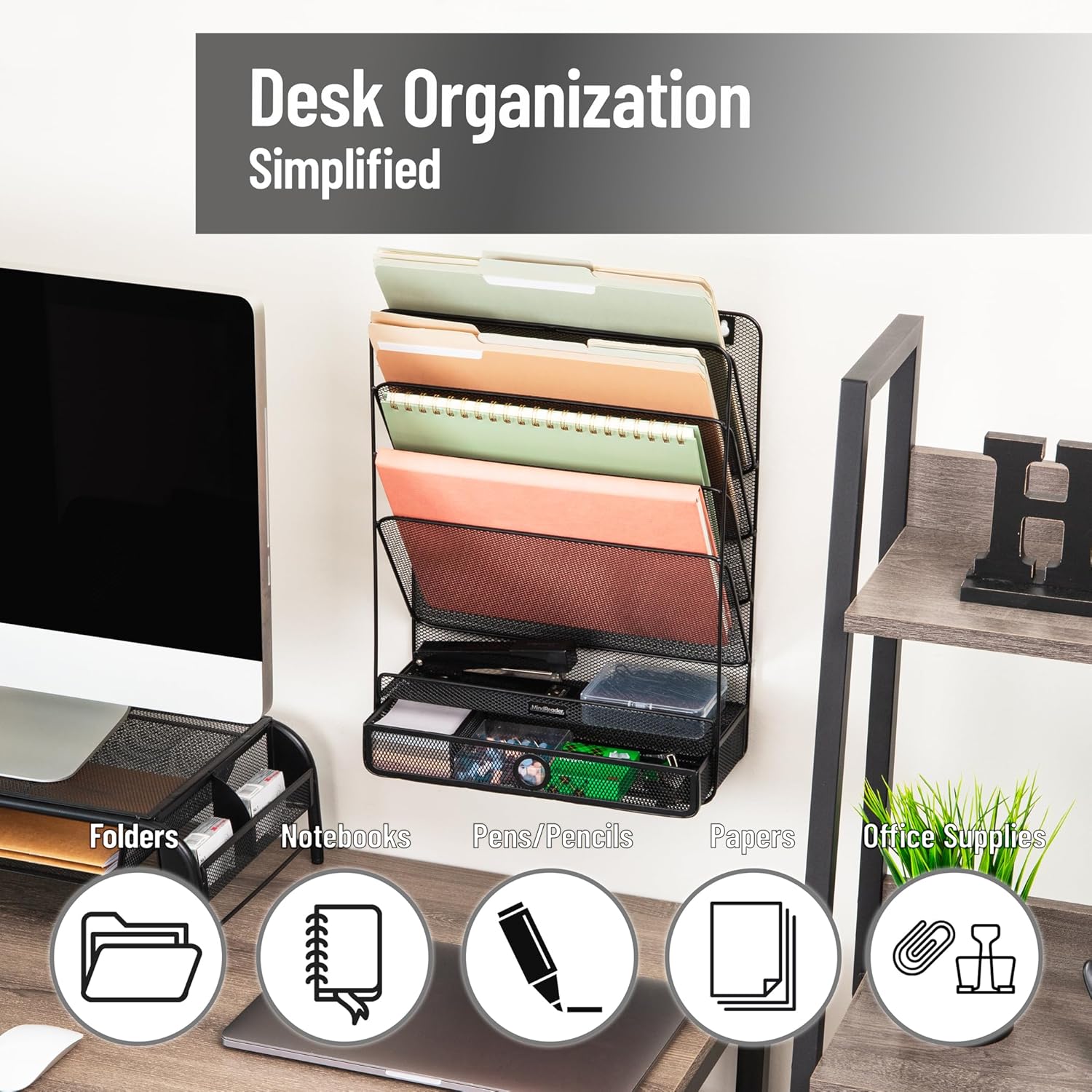 Mind Reader 4-Tier Vertical File Storage, Desktop Organizer, Wall Mount, Office, Metal Mesh, 12.5"L x 4"W x 16.5"H, Black