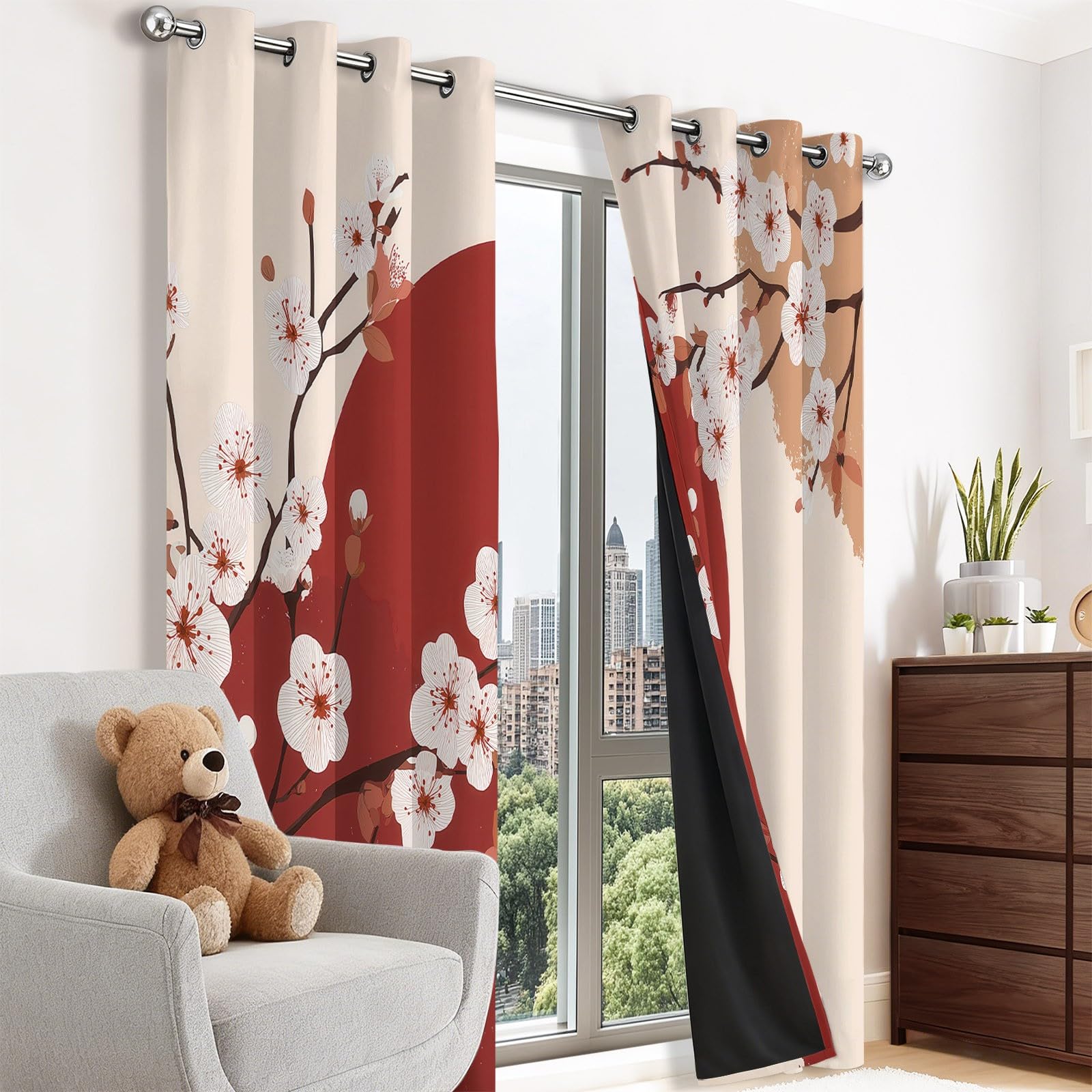Verdunkelungsvorhänge B75 x H166 cm 2 Paneele, Geräuschreduzierung & Wärmeisolierung Orientalisch Klassisch Elegant Kirschblüte Vorhänge Blickdicht für Schlafzimmer Wohnzimmer Kinderzimmer, Bunt