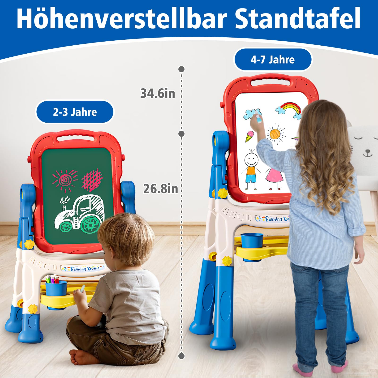 4 in 1 Kinder Staffelei Höhenverstellbare, Doppelseitige Kindertafel mit Magnetischer Kreidetafel & Whiteboard, Kinder Standtafel mit kreide und magnet ab 3 4 5 6 Jahre Geschenk (Rot)