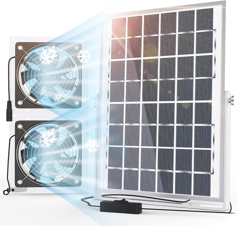 Ventilador Solar SOLPERK com 2 Ventoinhas, Painel de 10 W, Exaustor à Prova d’Água para Estufa, Galinheiro e Abrigo, Cabo de 3,6 m