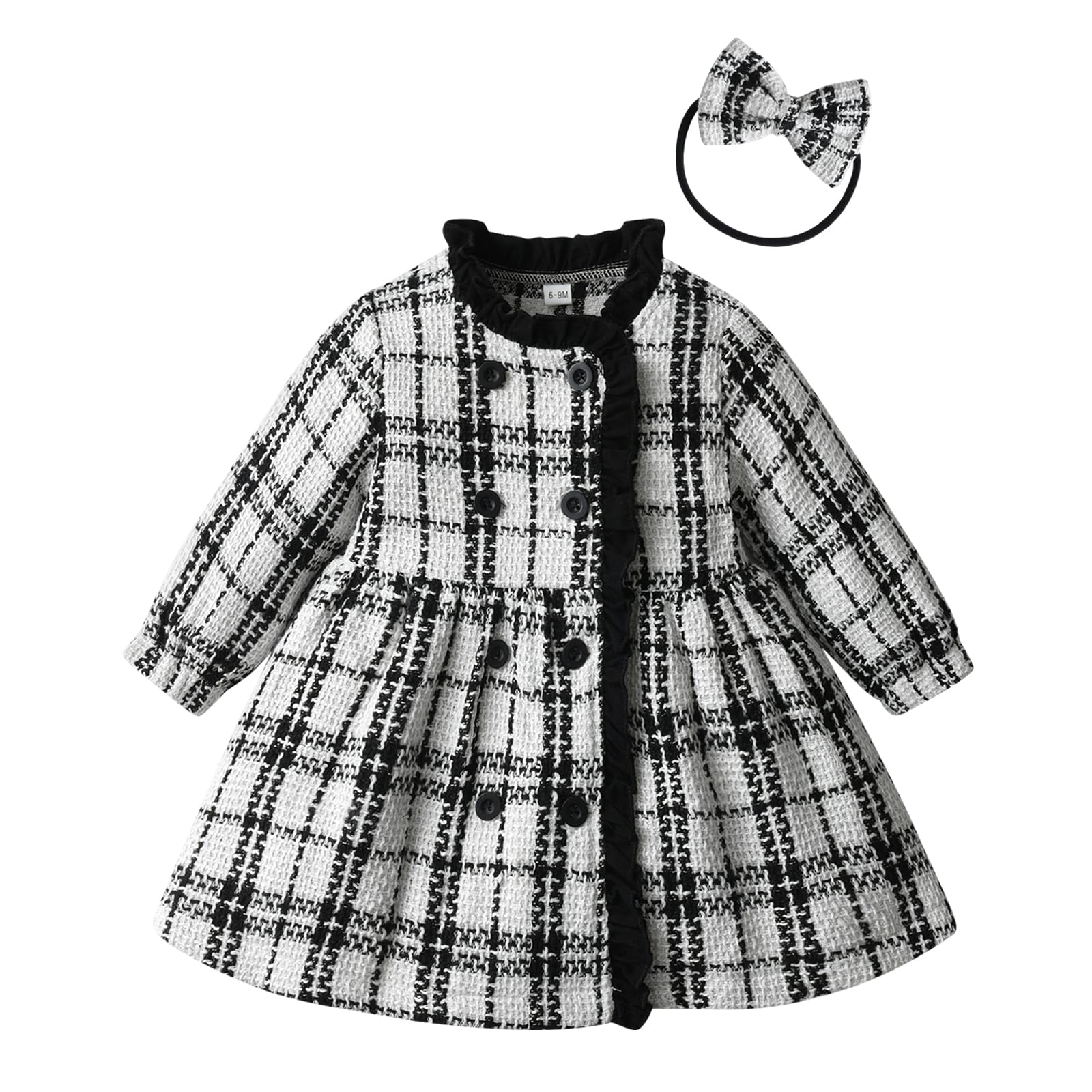 Zoputey Infant Baby Girl Dress Long Sleeve Plaid 2Pcs Dress Outfit Set, Black, 6-9 Months
