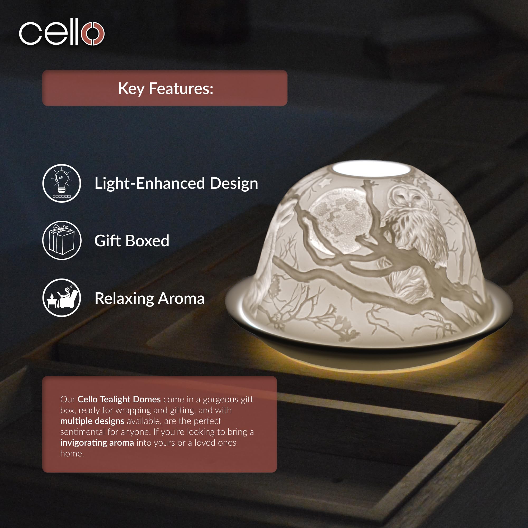 Portacandele A Cupola In Porcellana Con Design Gufo - Proiezione Immagine 3D - Regalo Per Donne - Foto 3