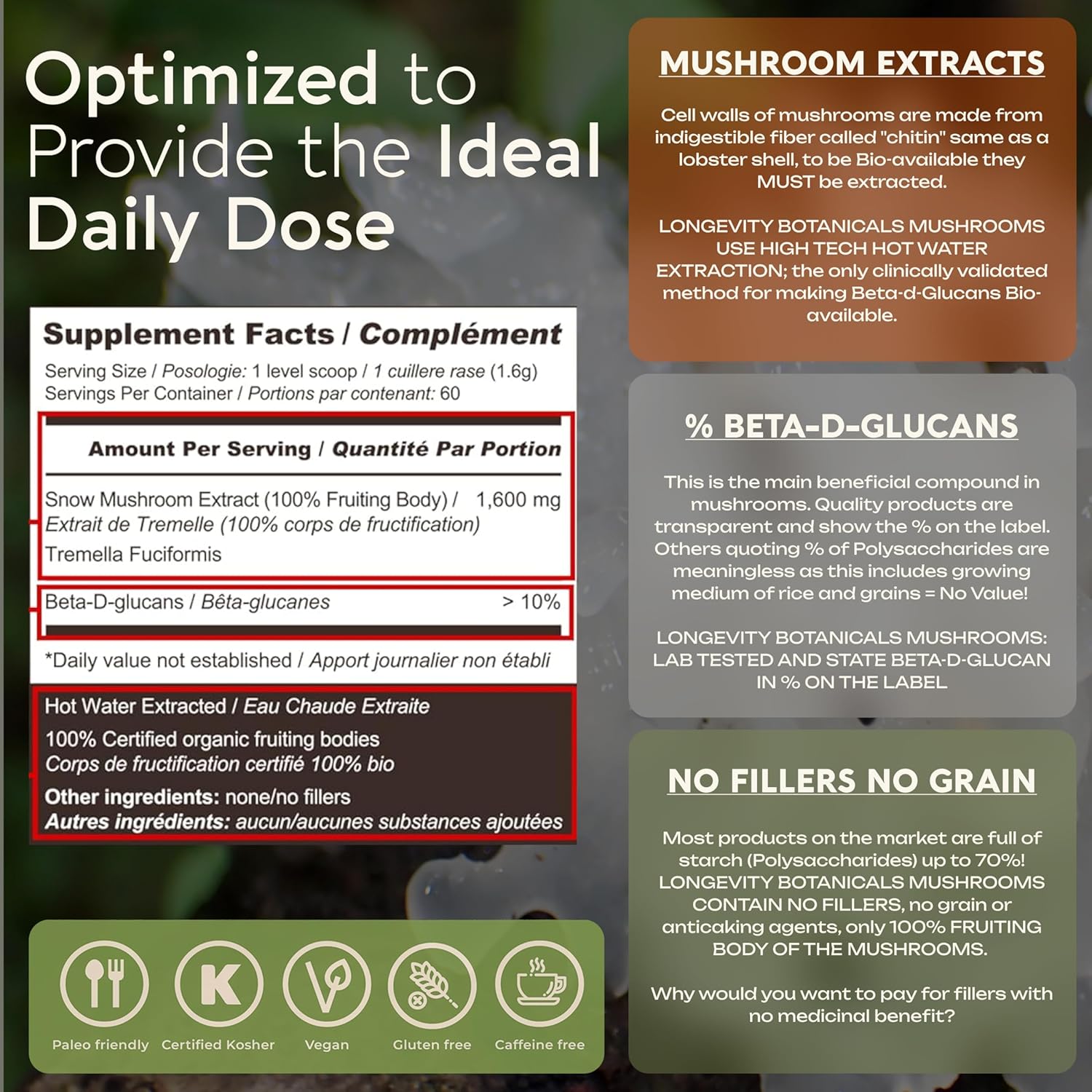 Organic Tremella Mushroom Powder Supplement 100g | Pure Fruiting Body 10:1 High Strength Snow Fungus Extract | 10% Beta-D Glucans | 16,600mg Raw Equivalent Per Serving | Skin Hydration & Brain Support - Image 8