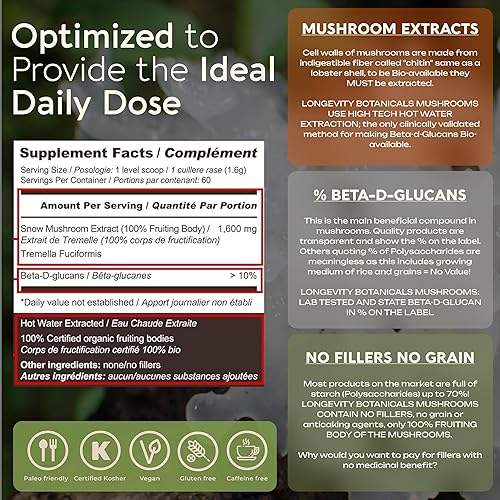 Miniatura 8 de Longevity Botanicals Extracto de hongo tremella orgánico en polvo 3.53 oz | Proporción concentrada 10:1, cuerpos 100% fructíferos | Suplemento de