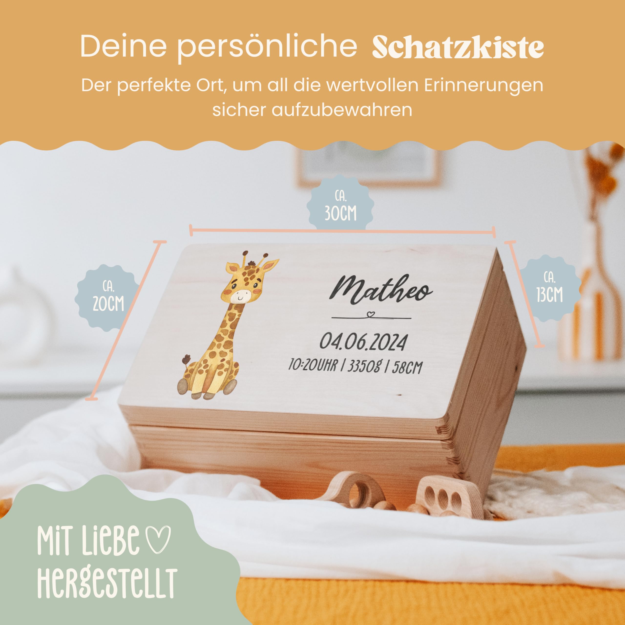 Lilletå ® Erinnerungsbox Tiermotiv ganz (001.01) - Erinnerungskiste Baby mit Hochwertigem Farbdruck - Baby Kind Erinnerungsbox Holz - Geschenk Geburt Mädchen Junge