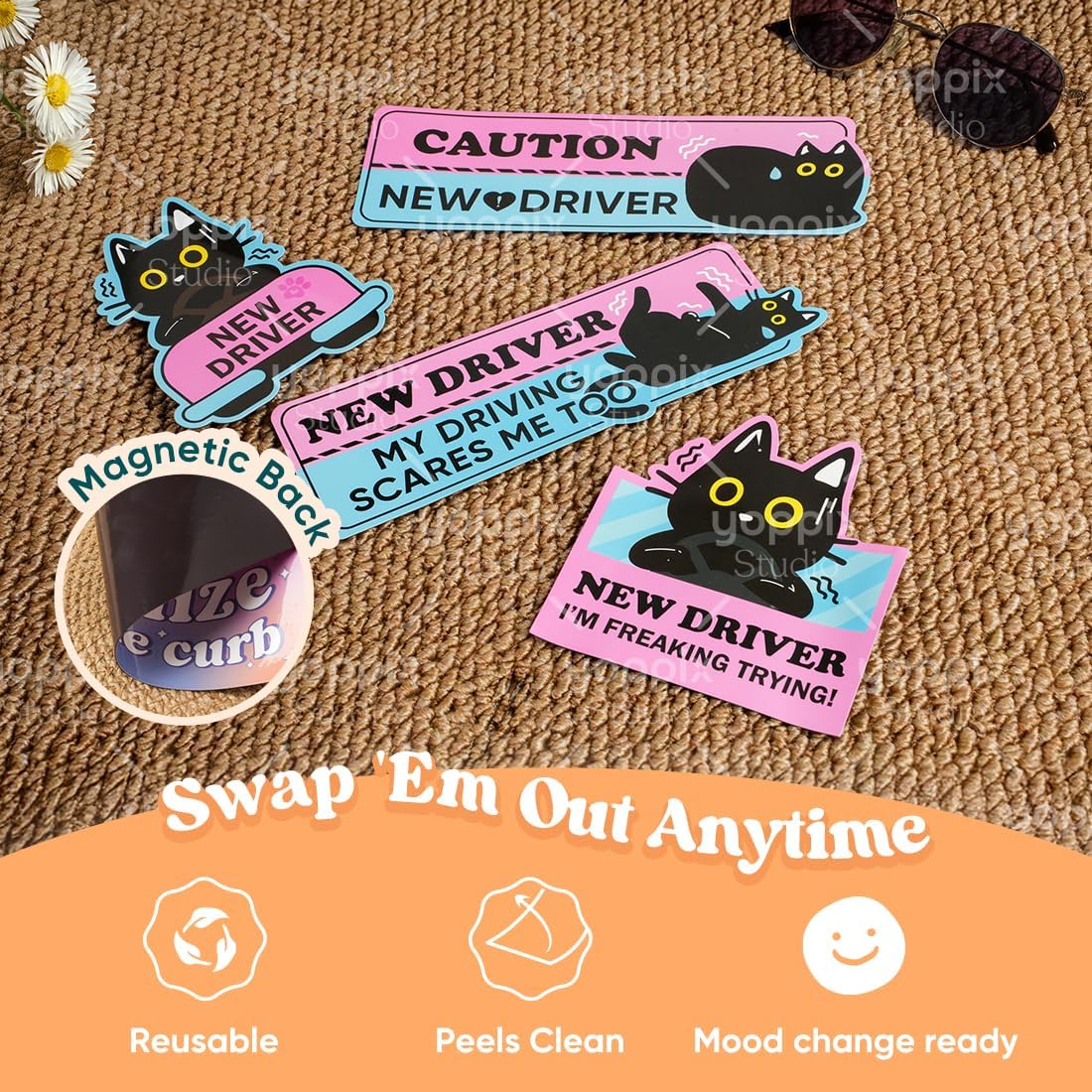 YOPPIX 4Pcs Black Cat New Driver Magnet for Car, Cute Cat Student Driver Car Magnet Stickers for Beginners, Reusable Safety Rookie Attention Sign for New Driver Gifts - Image 5
