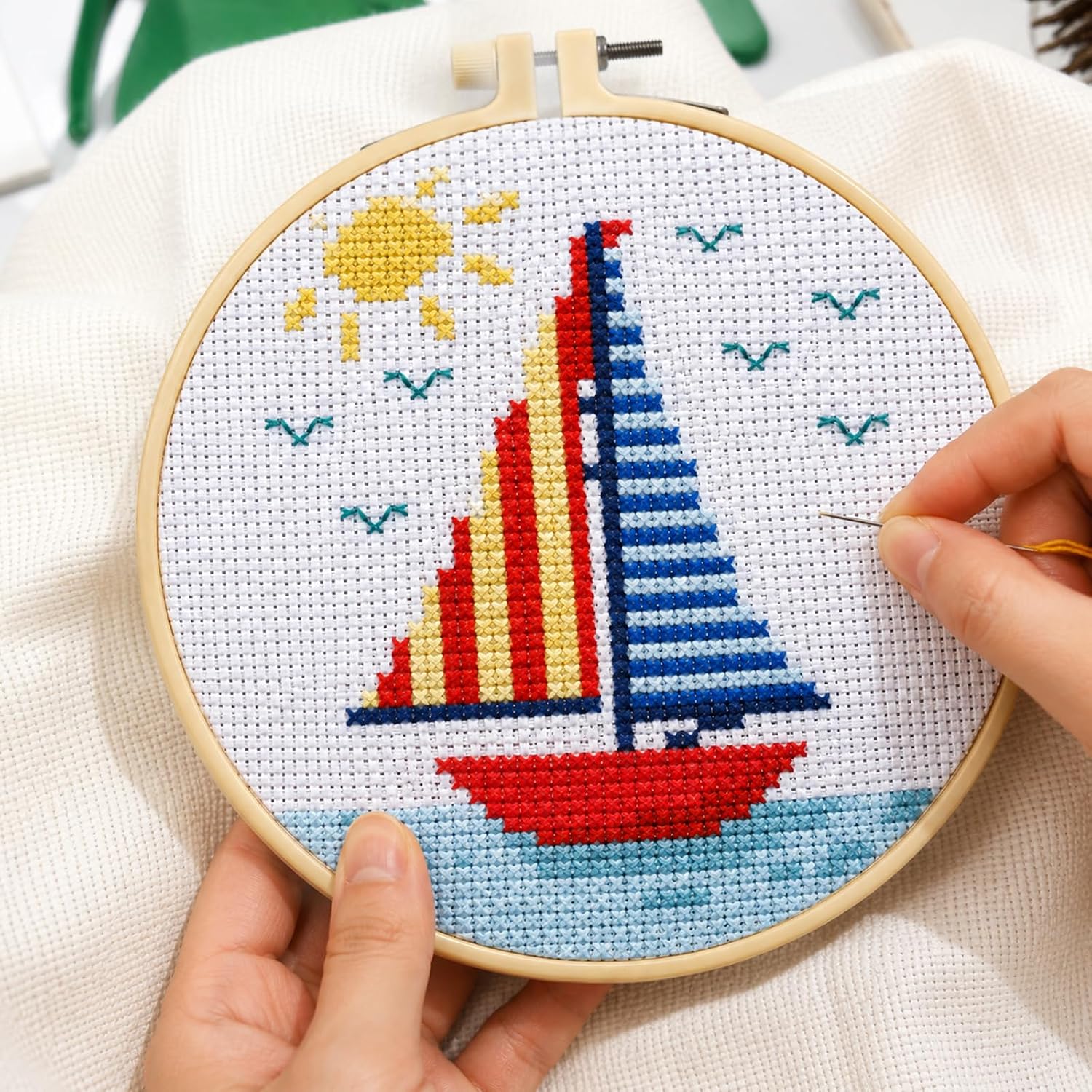 Zhenqing Sailboat Stamped Cross Stitch Kit for Adults and Beginners, 14CT Printed Nautical Pattern with Hoop, Coastal Home Decor, 16 x 16 cm