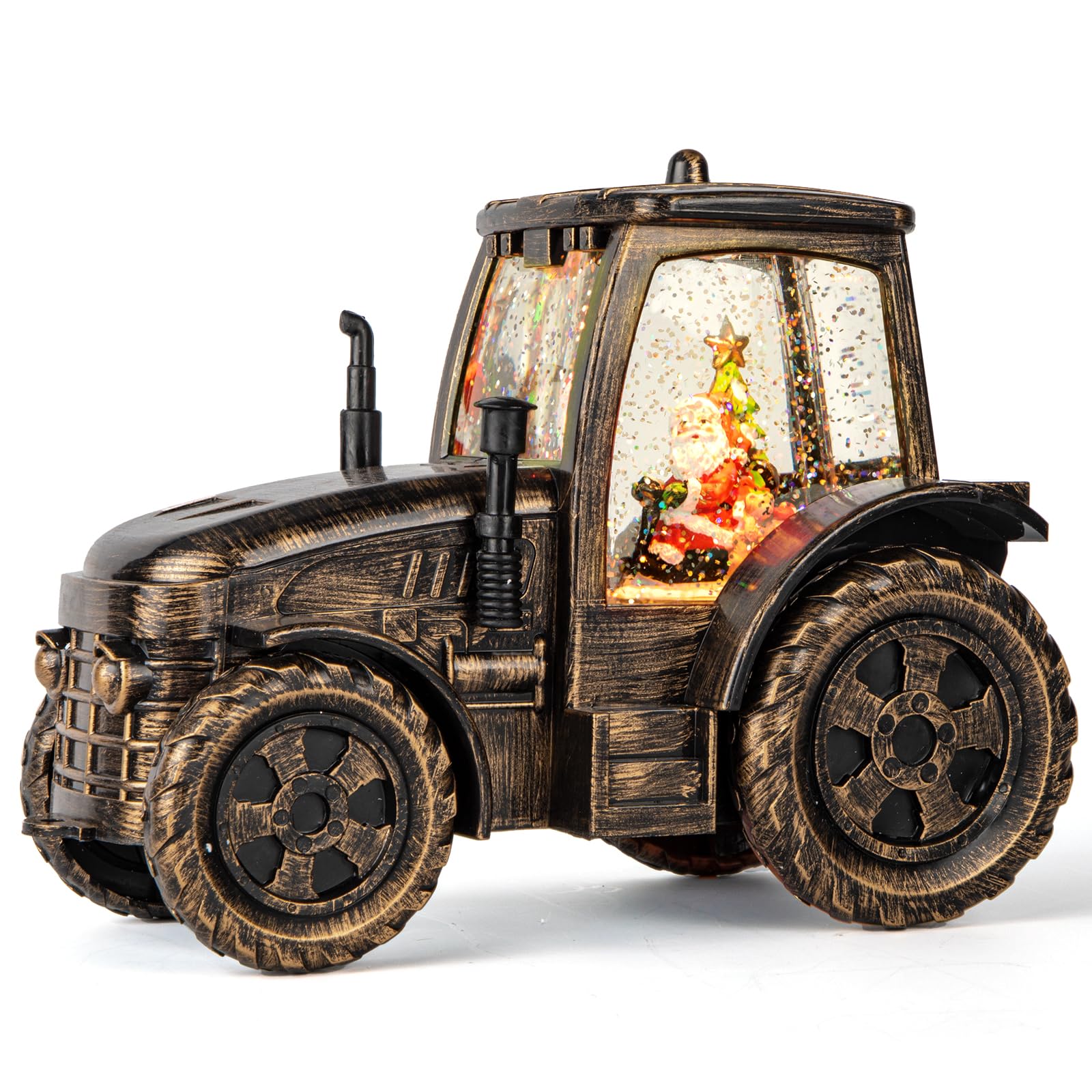 Christmas Musical Lighted Tractor Snow Globe Lantern with Santa Claus Bear, Battery Operated or USB Powered 6H Timer, Warm Swirling Glitter Snow Globes Christmas Home Decoration and Gifts