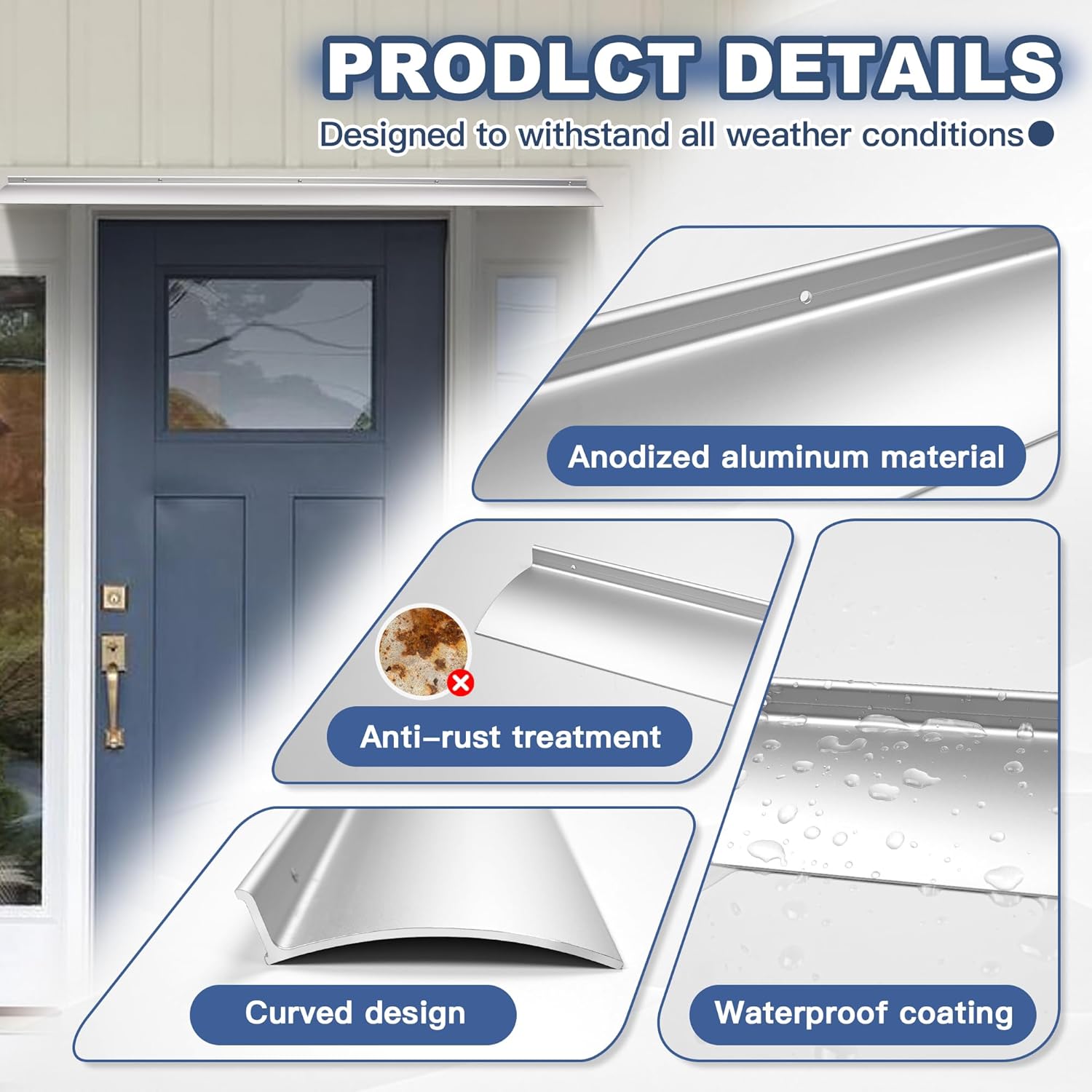 2PCS 40inch Door Rain Drip Guard for Windows Drip Cap Rain Deflector Anodized Aluminum Easy to Install Silver