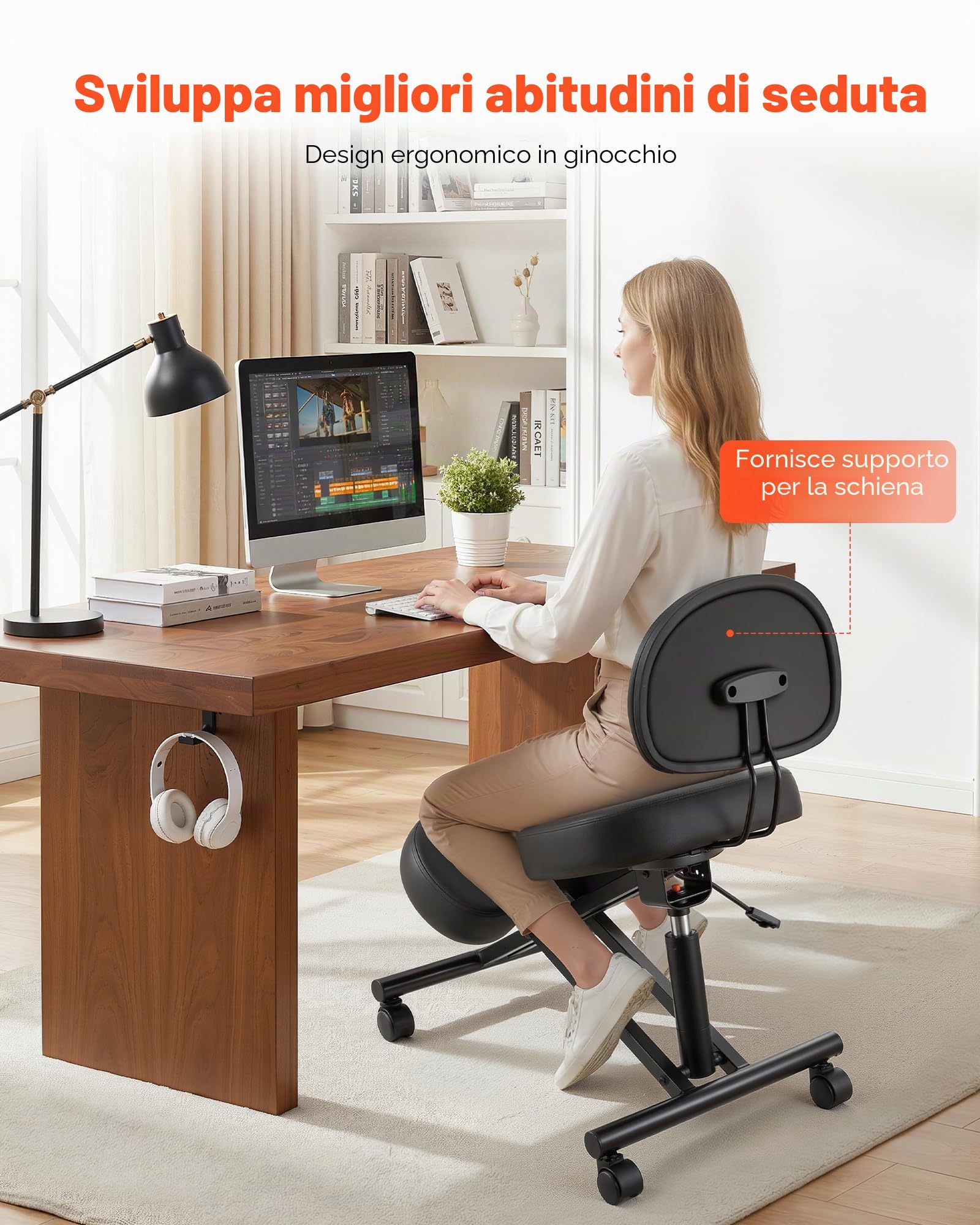 VEVOR Sedia Ergonomica a Ginocchio con Schienale Sedia a Rotelle Altezza Regolabile, Sedia Inginocchiata per Scrivania Postura Comoda da Ufficio, Sgabello Ergonomico per Casa, Carico max 120 kg